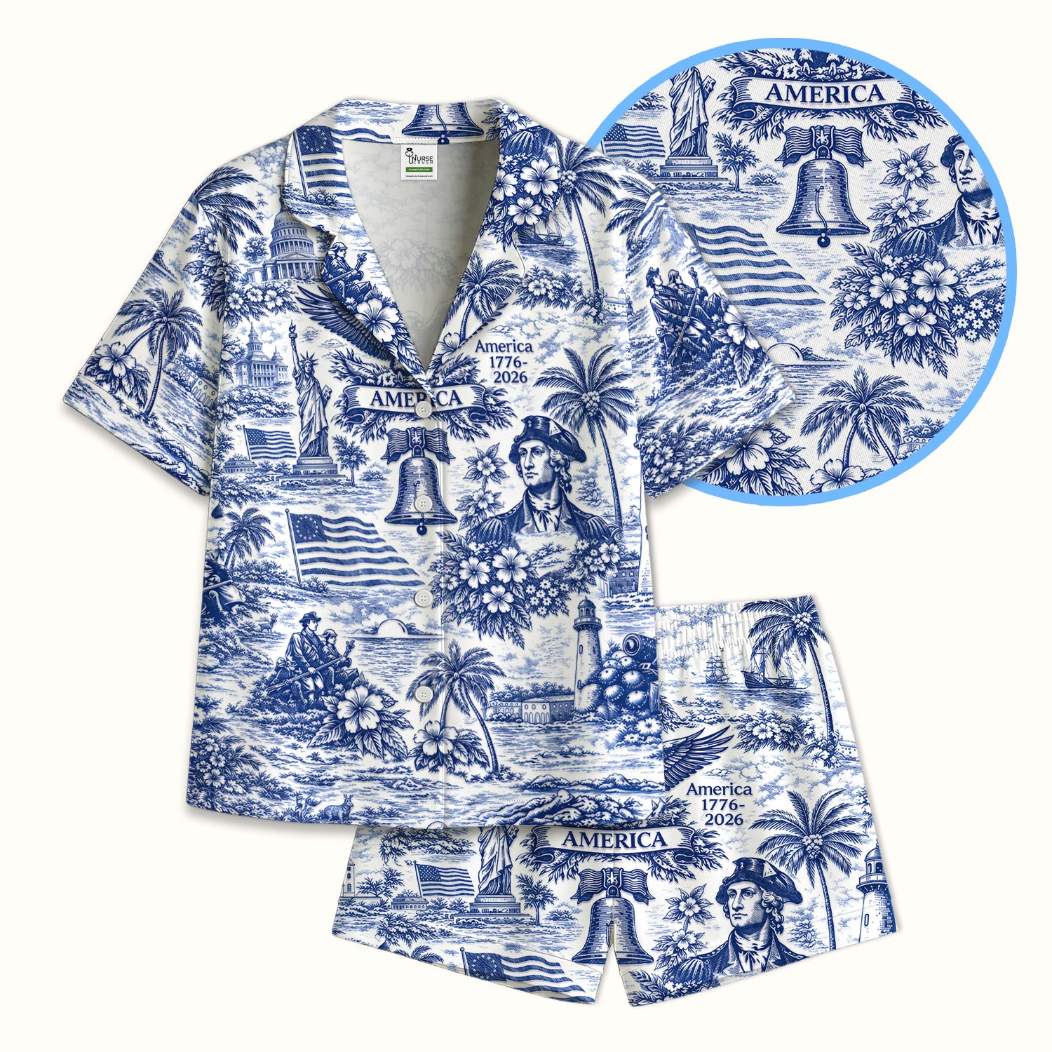 Patriotic America Heritage Toile Pattern Pajama Set, Breathable Fabrics Uniform