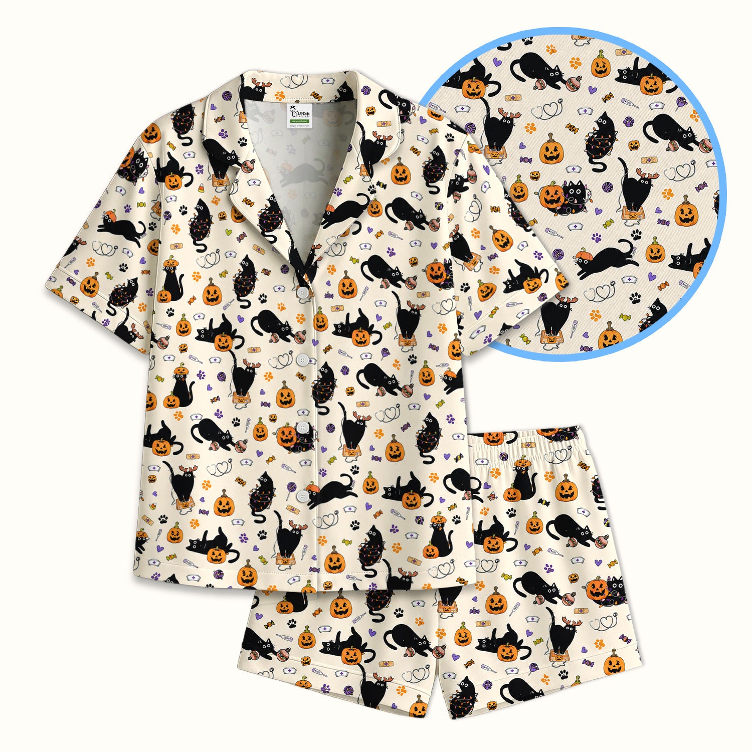 Pumpkin Black Cat Pattern Pajama Set, Soft Breathable Fabric Comfortable Sleepwear