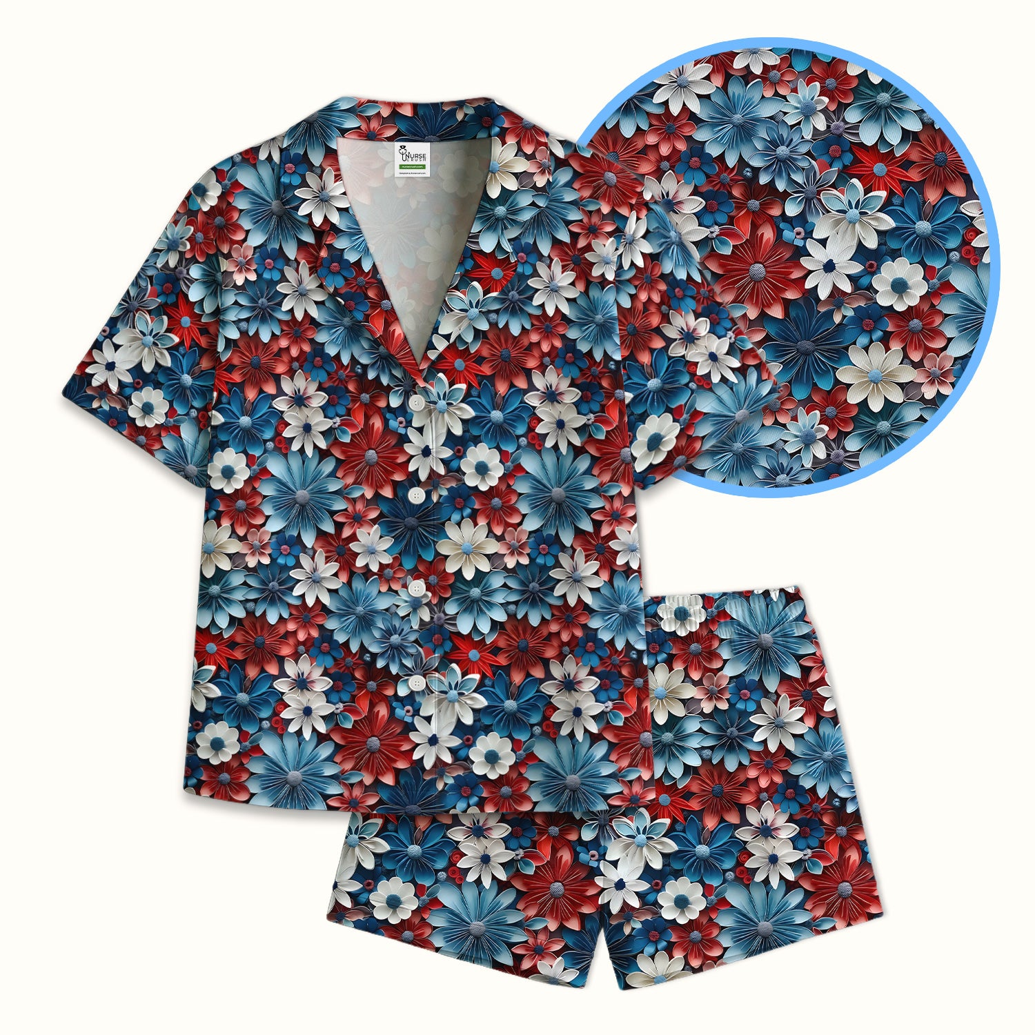 Patriotic 3D Floral Nurse for RN & CNA, Red Blue White Healthcare Workers Uniform Pajama Set, Soft Breathable Fabric Comfortable Sleepwear