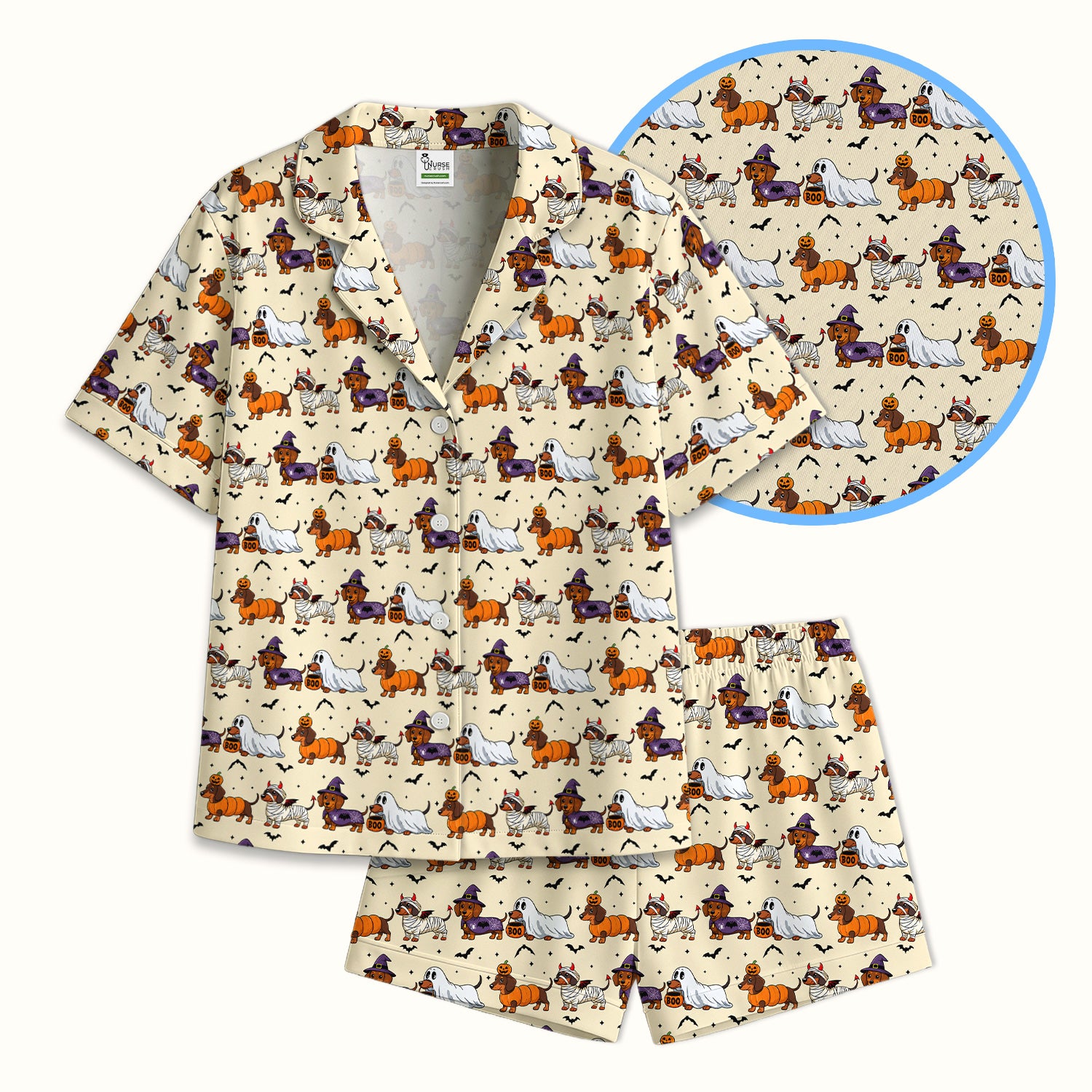Halloween Dachshund with Bat Pattern Pajama Set, Soft Breathable Fabric Comfortable Sleepwear