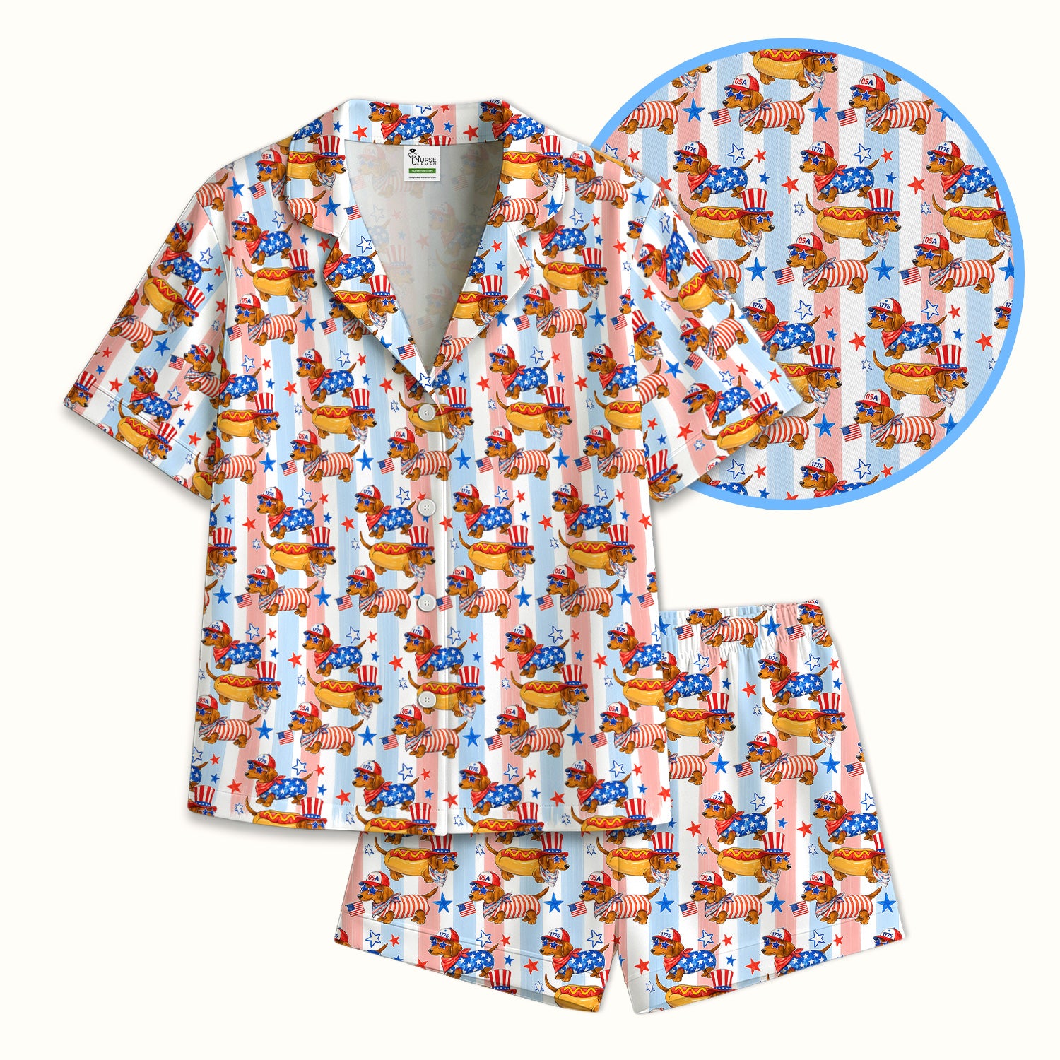 Fourth Of July Dachshund Pattern Pajama Set, Soft Breathable Fabric Comfortable Sleepwear