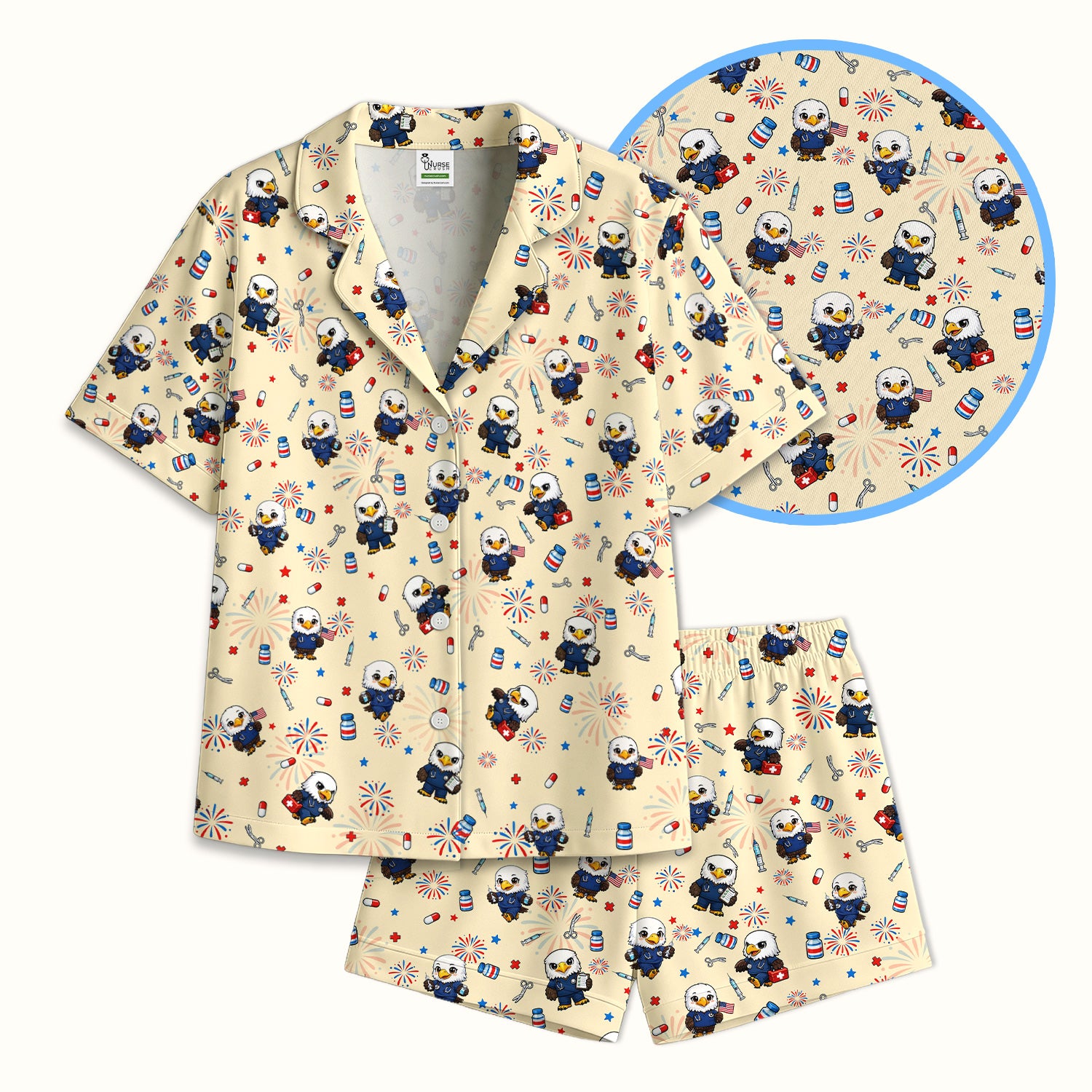 Patriotic Nurse Eagle Fireworks Medical Pattern Pajama Set, Breathable Fabrics Uniform