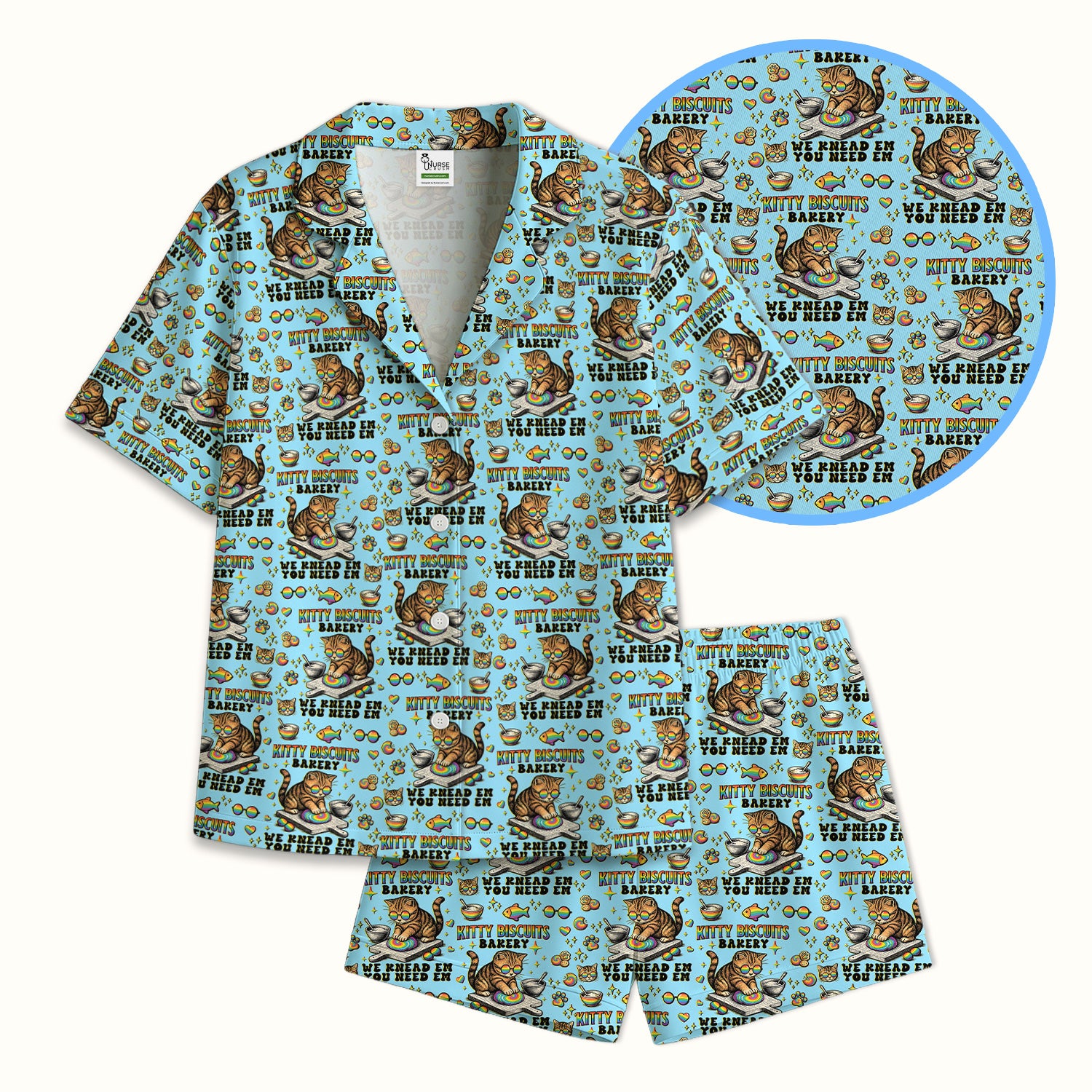 Pride Nurse Cat Baking Rainbow Dough Pattern Pajama Set, Breathable Fabrics Uniform