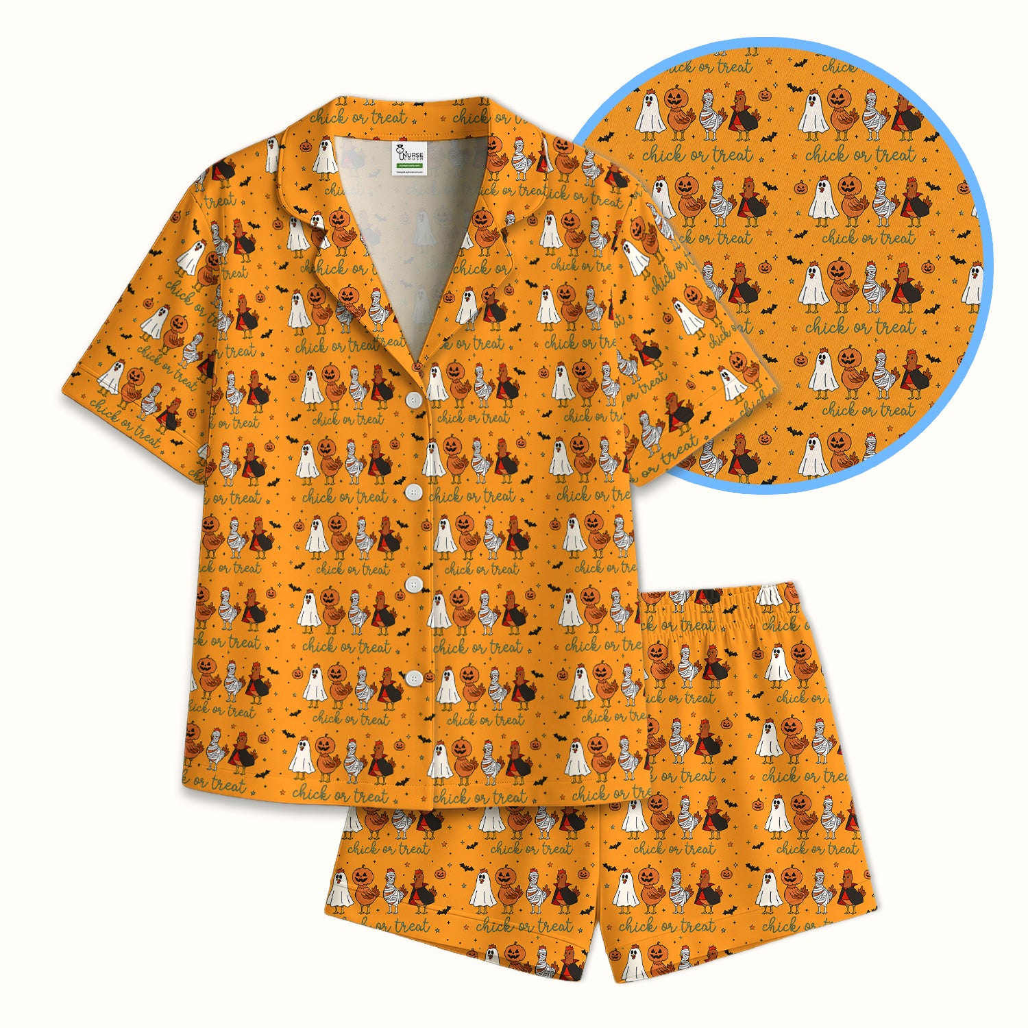 Funny Chick Or Treat Season Pajama Set, Soft Breathable Fabric Comfortable Sleepwear