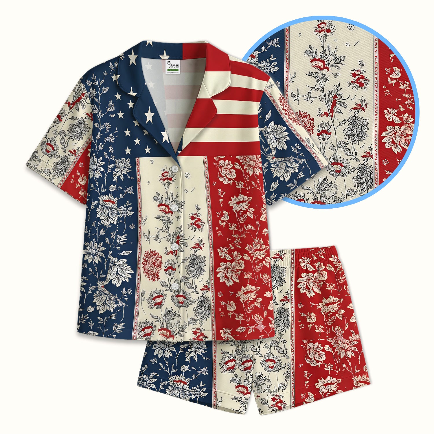 Patriotic Nurse Flag Patchwork Pattern Pajama Set, Soft Breathable Fabric Comfortable Sleepwear
