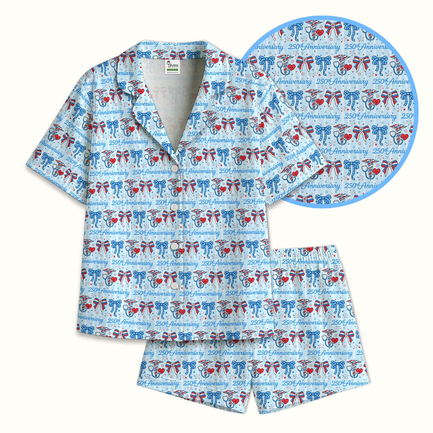 Festive 250th Anniversary Nurse Ribbon Heart Pattern Pajama Set, Soft Breathable Fabric Comfortable Sleepwear