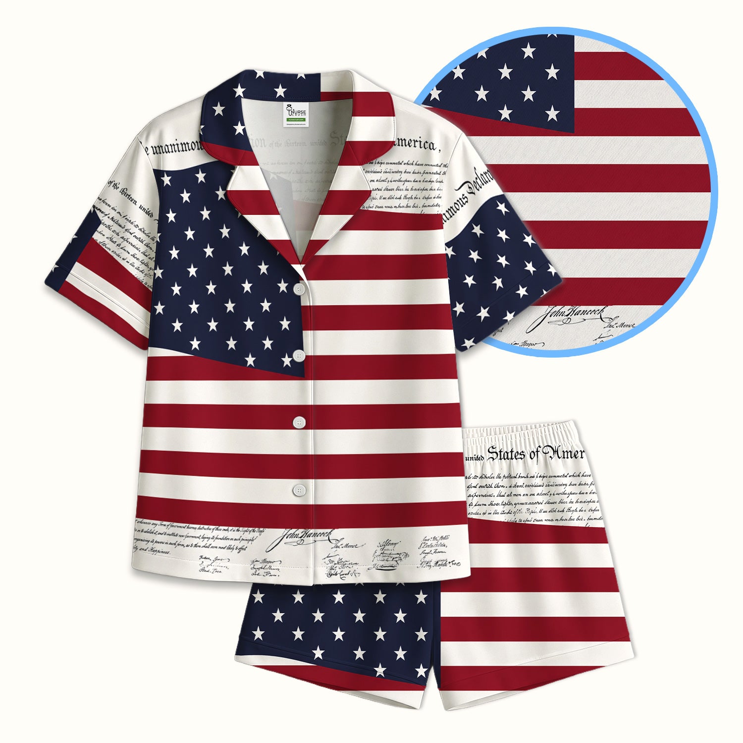 Patriotic Nurse American Flag Pattern Pajama Set, Soft Breathable Fabric Comfortable Sleepwear