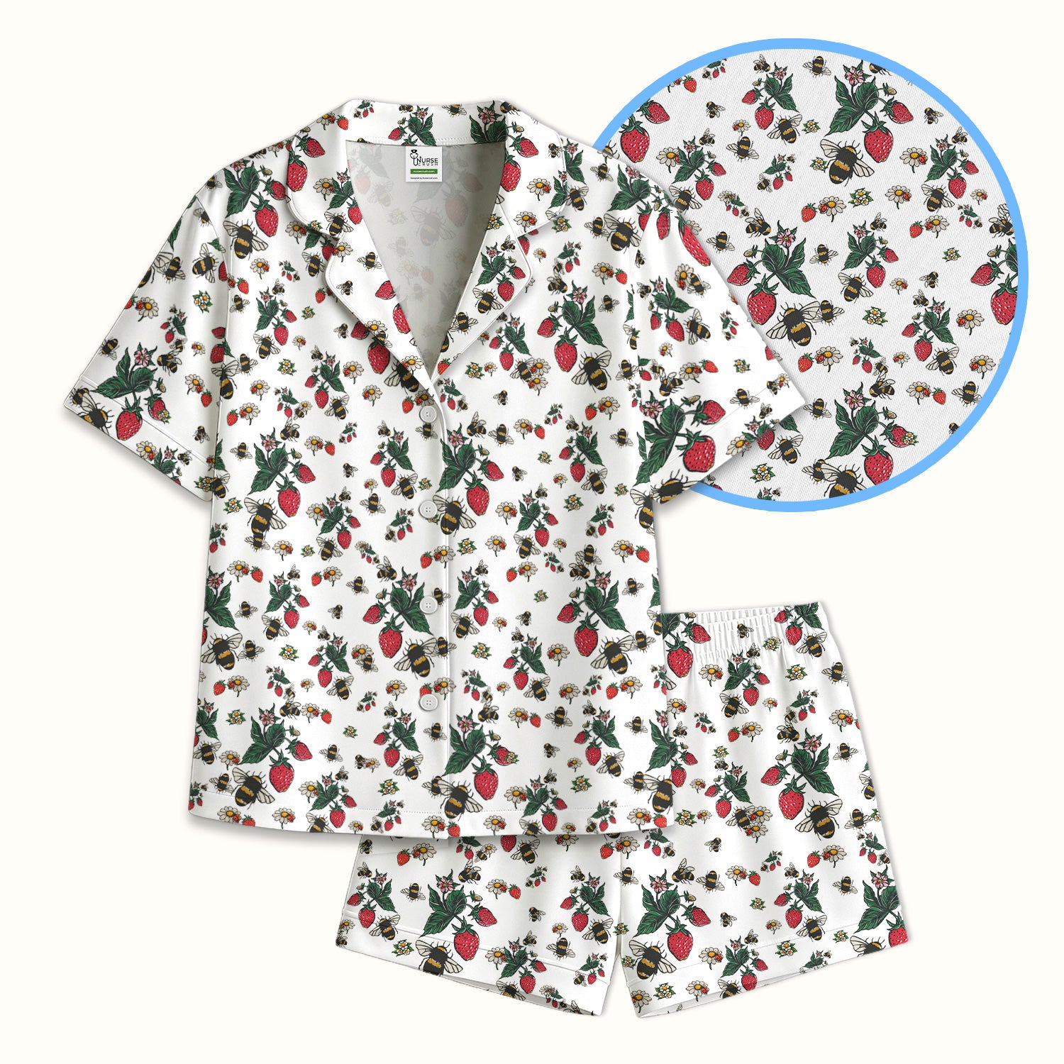 Cute Strawberry Bee Daisy Floral Pattern Pajama Set, Breathable Fabrics Uniform
