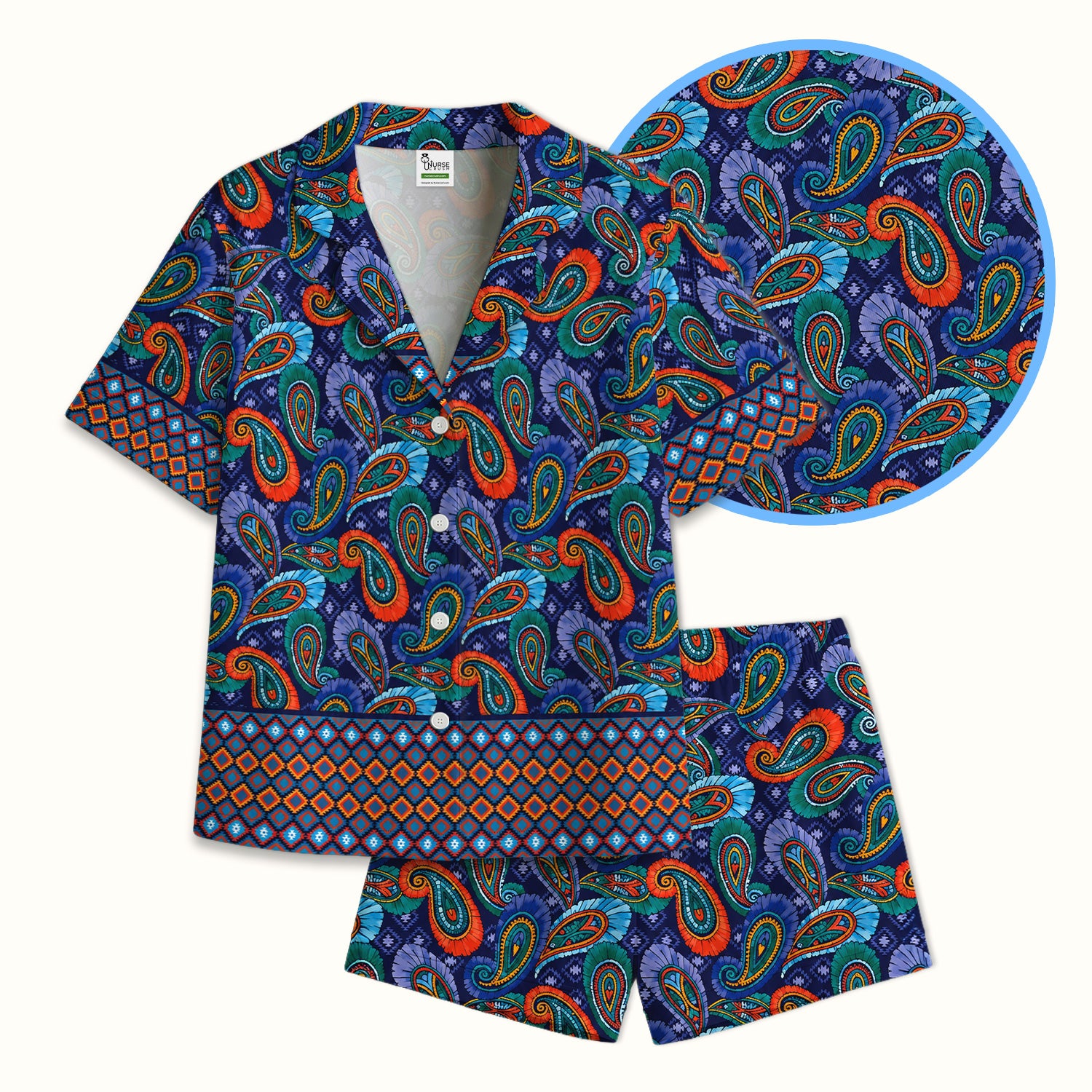 Colorful Paisley Geometric Border Pattern Pajama Set, Soft Breathable Fabric Comfortable Sleepwear