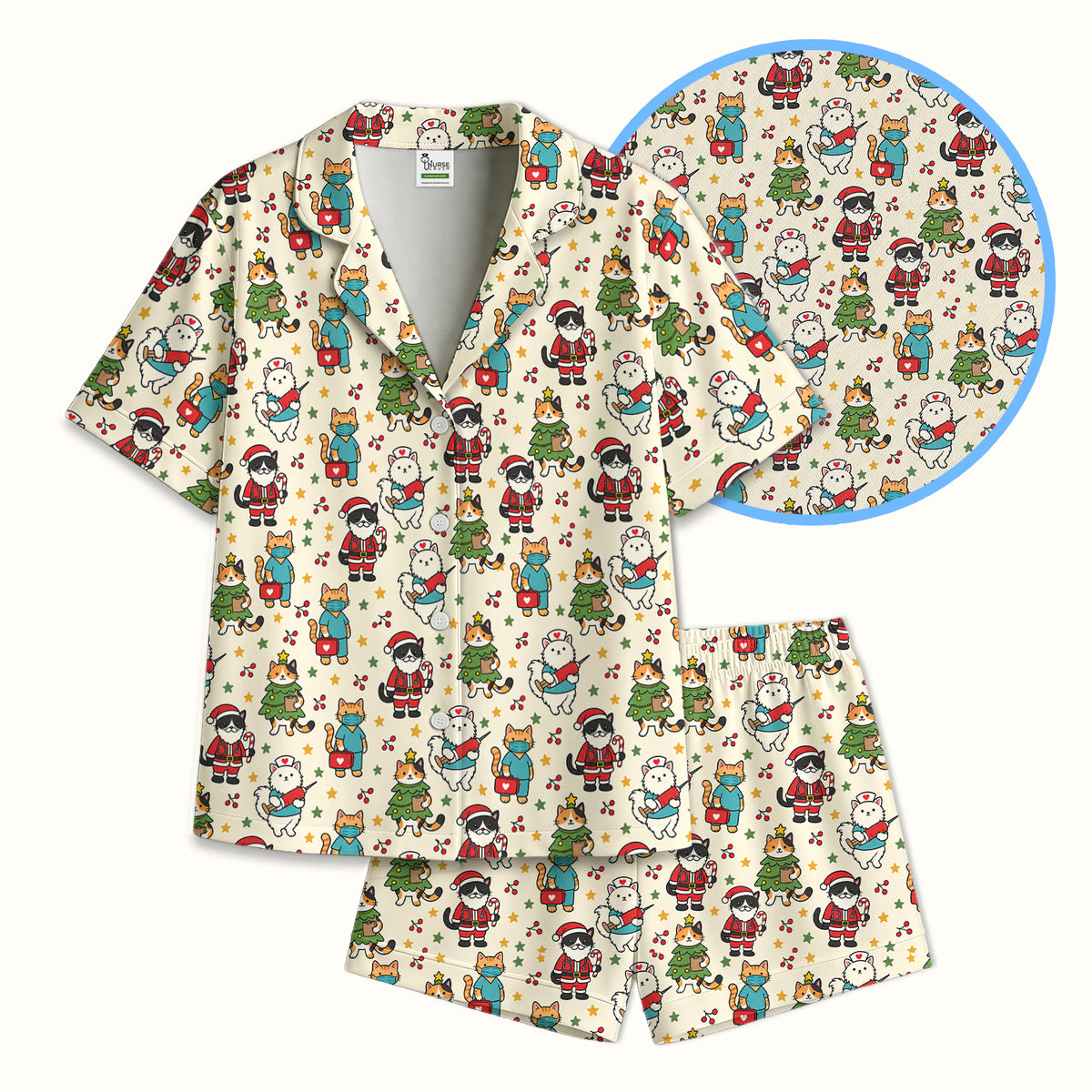 Christmas Cats In Nurse And Santa Outfits Pajama Set, Soft Breathable Fabric Comfortable Sleepwear