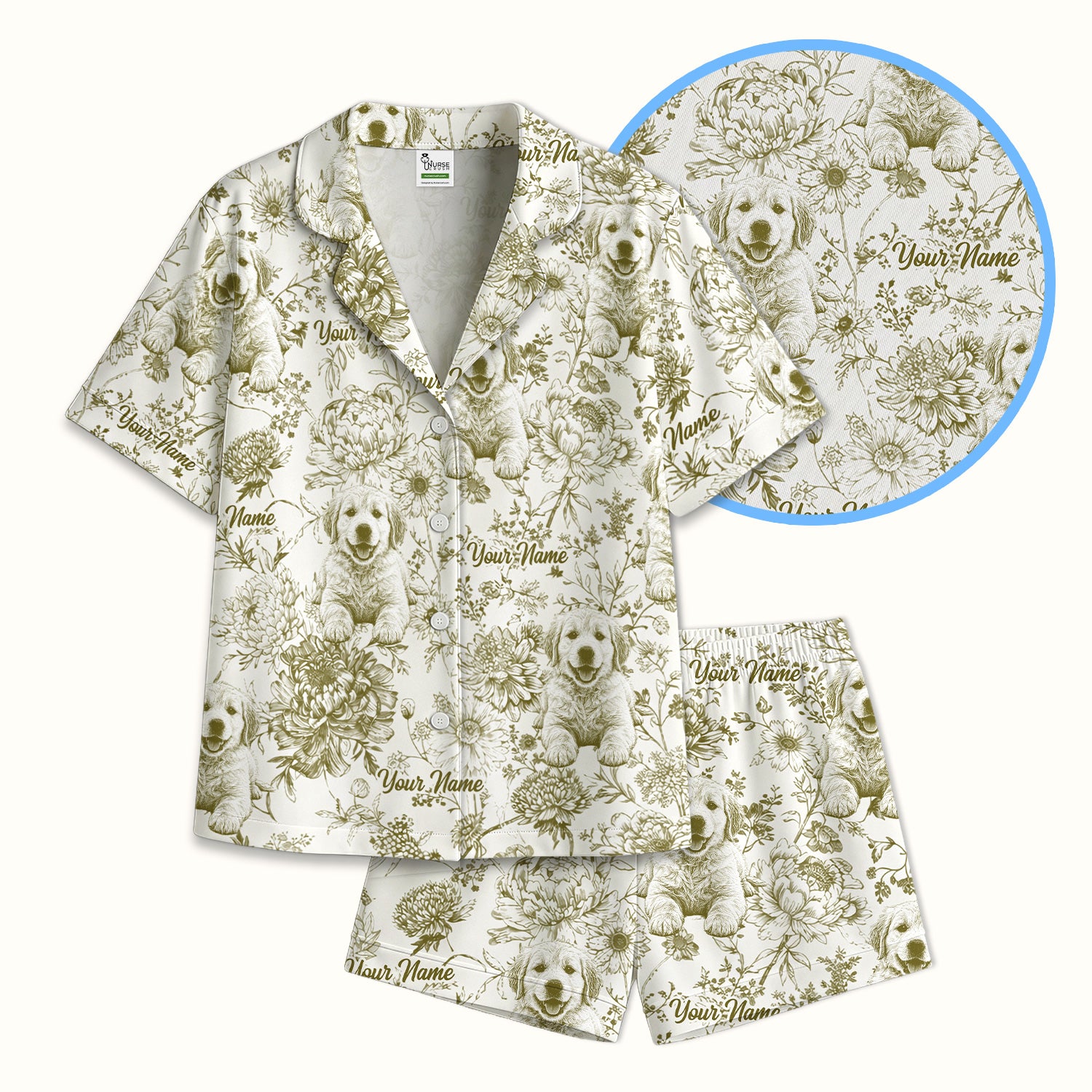 Personalized Custom Pet Photo Name Floral Pattern Pajama Set, Soft Breathable Fabric Comfortable Sleepwear