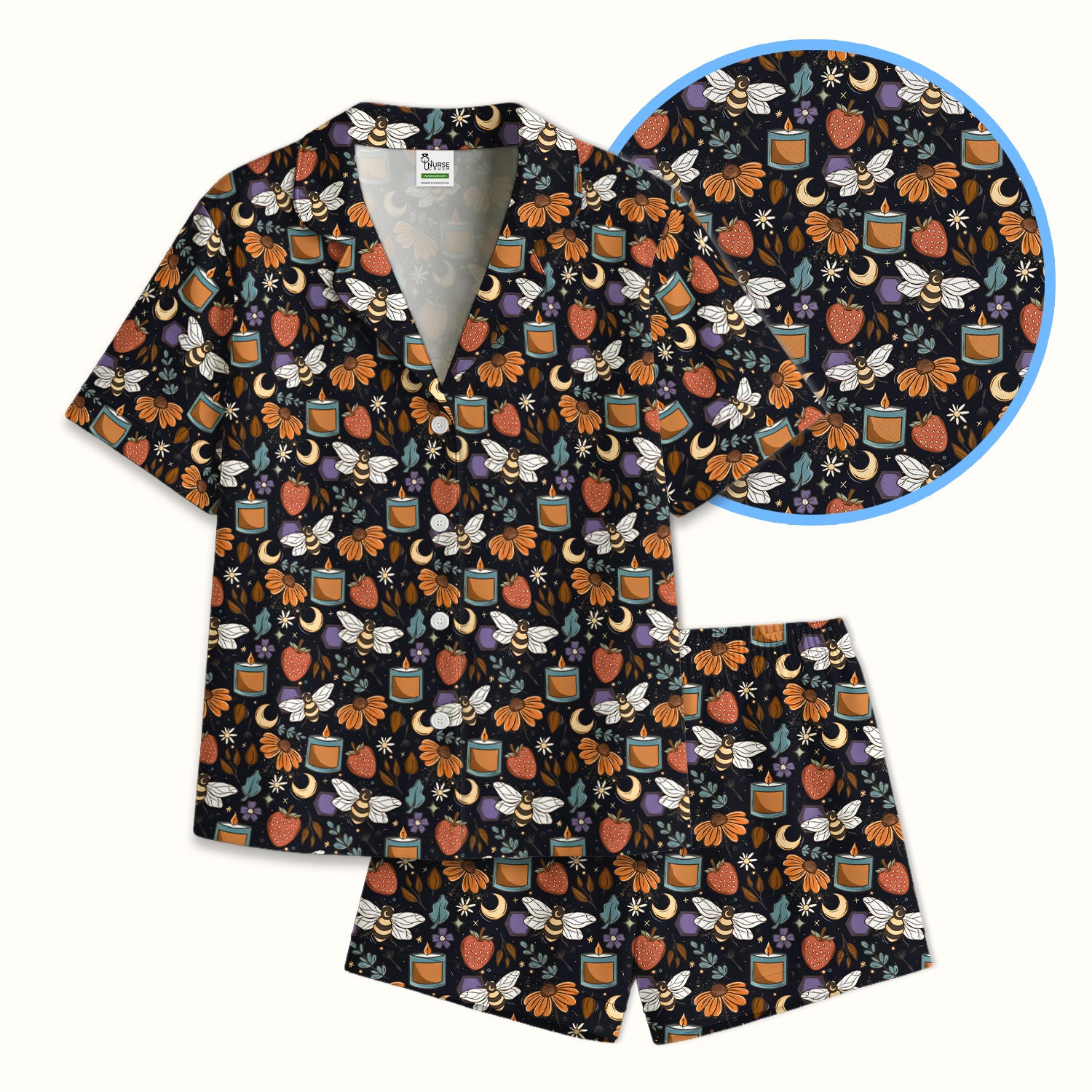 Bee Strawberry Floral Candle Pattern Pajama Set, Breathable Fabrics Uniform