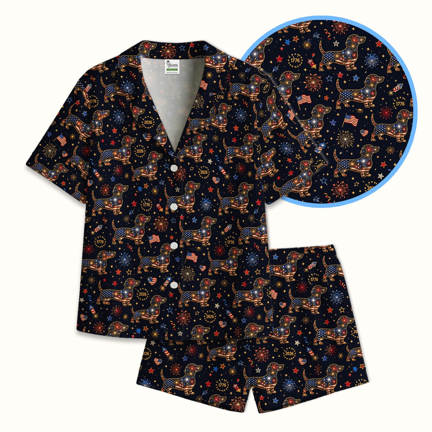 Patriotic Dachshund Fourth Of July Pajama Set, Soft Breathable Fabric Comfortable Sleepwear