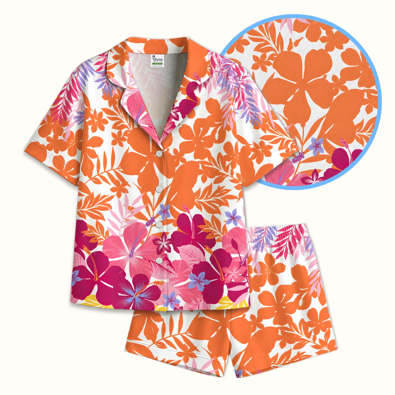 Cheerful Tropical Hibiscus Bloom Pattern Pajama Set, Soft Breathable Fabric Comfortable Sleepwear