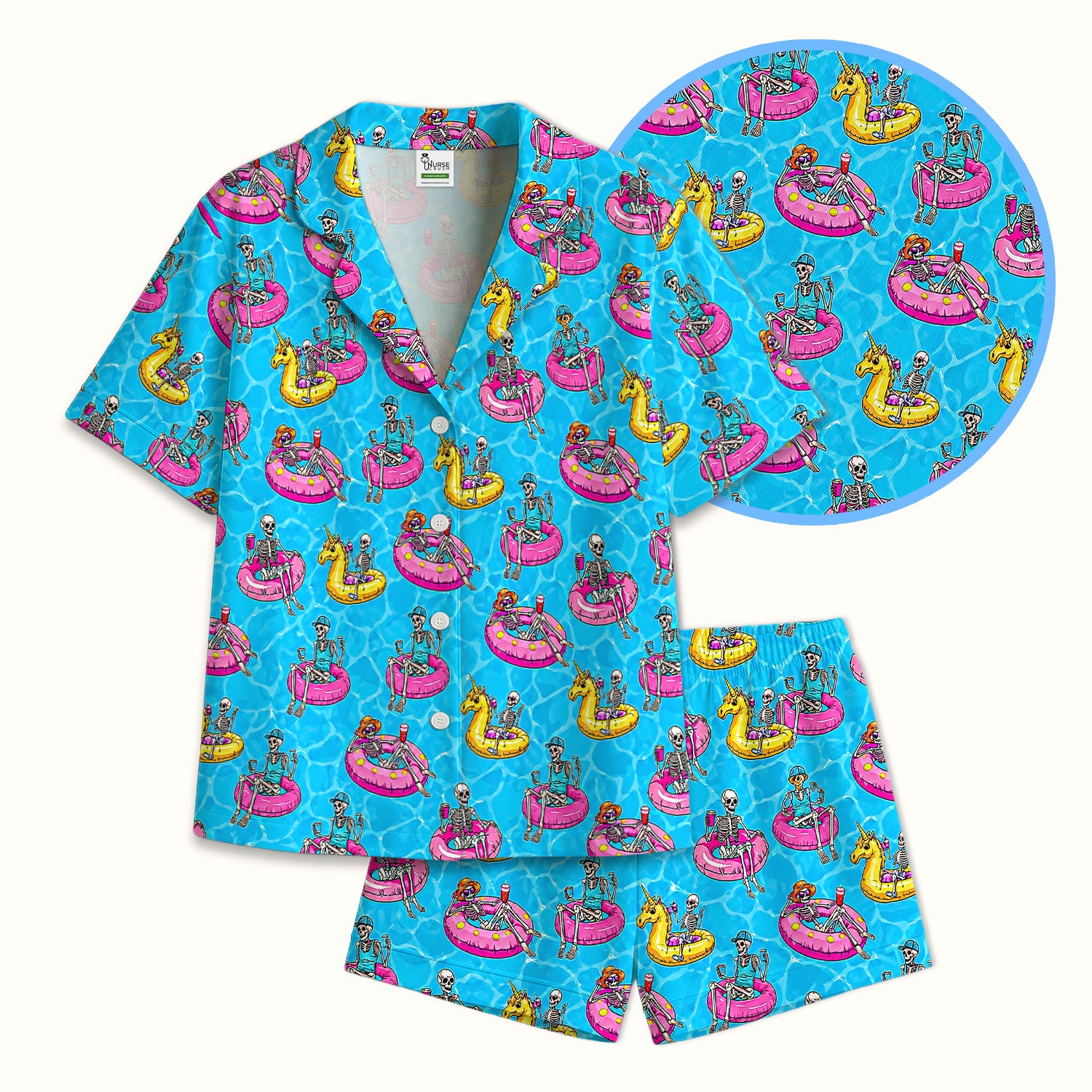 Summerween Skeleton with Pool Float Print Pajama Set, Soft Breathable Fabric Comfortable Sleepwear