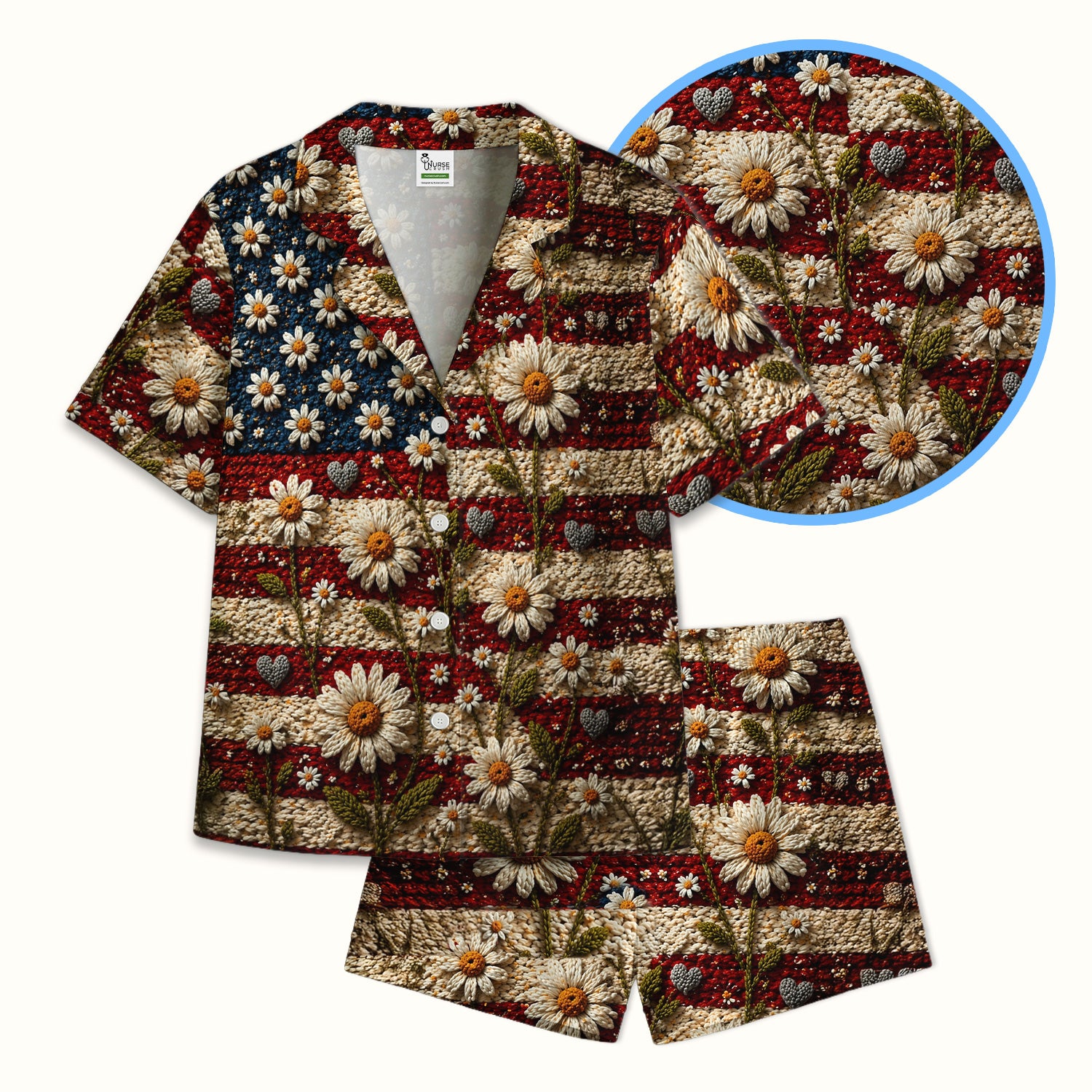 American Flag Daisy Floral Knit Texture Pattern Pajama Set, Breathable Fabrics Uniform