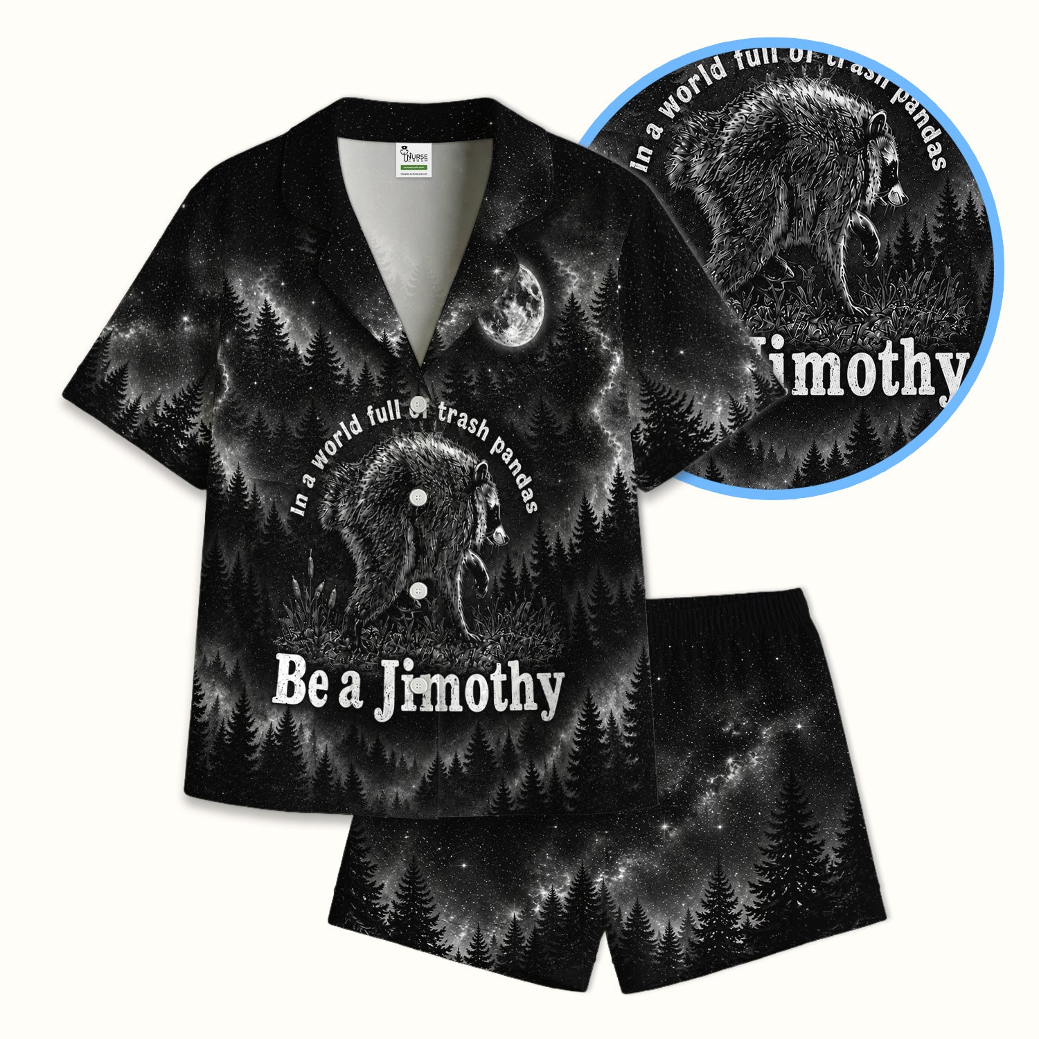Funny Be A Jimothy Raccoon Print Pajama Set, Soft Breathable Fabric Comfortable Sleepwear