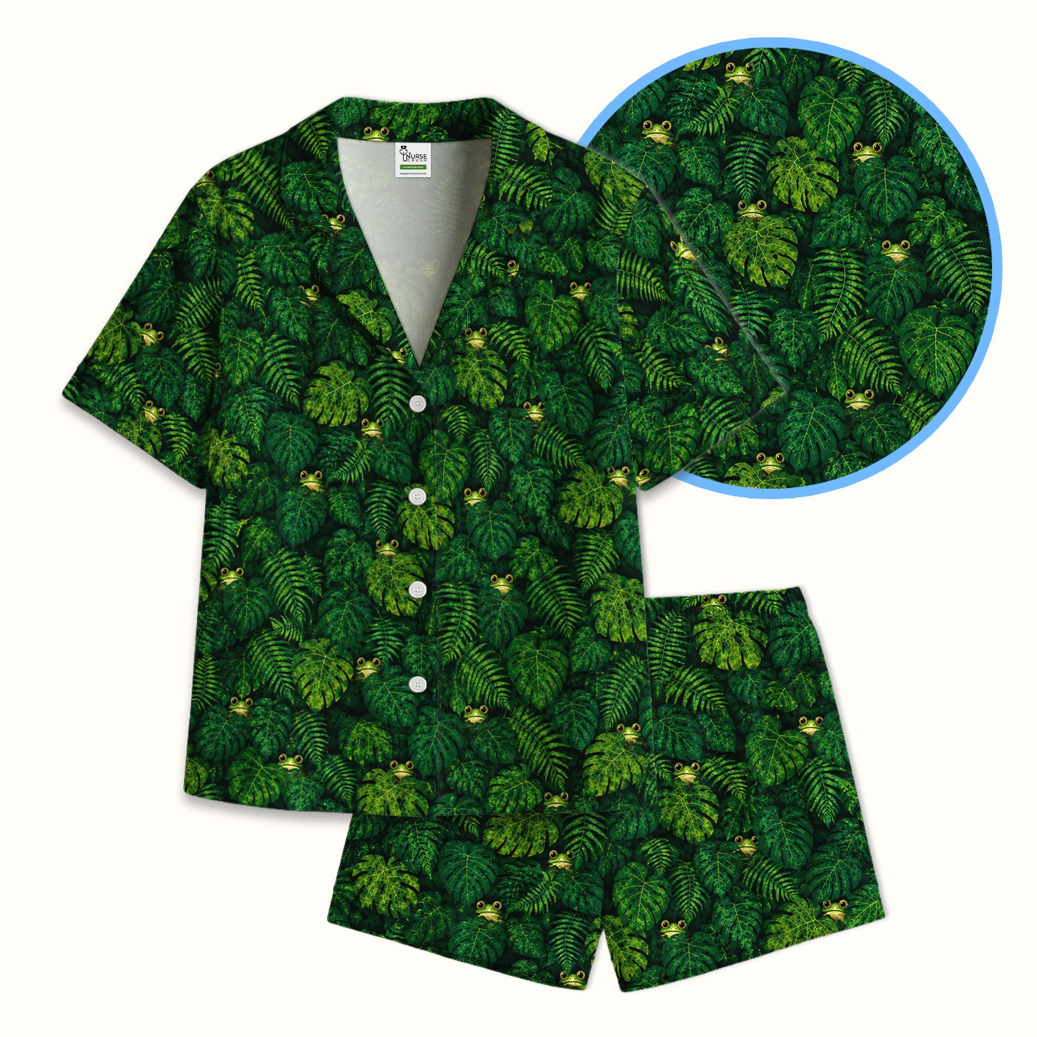 Cute Hidden Frog Jungle Pattern Pajama Set, Soft Breathable Fabric Comfortable Sleepwear