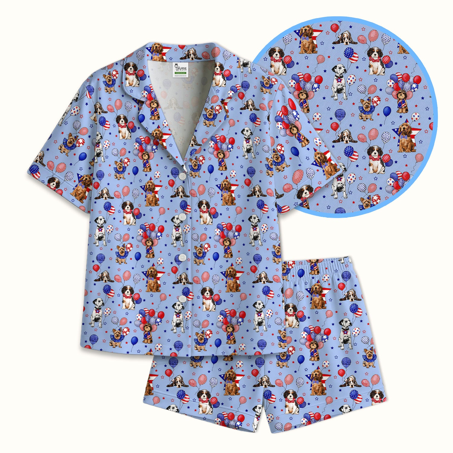 Patriotic Dogs With USA Flag Balloons Pattern Pajama Set, Soft Breathable Fabric Comfortable Sleepwear