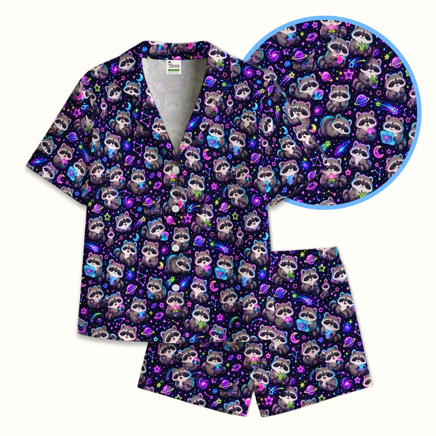Neon Galaxy Raccoon Space Pattern Pajama Set, Soft Breathable Fabric Comfortable Sleepwear