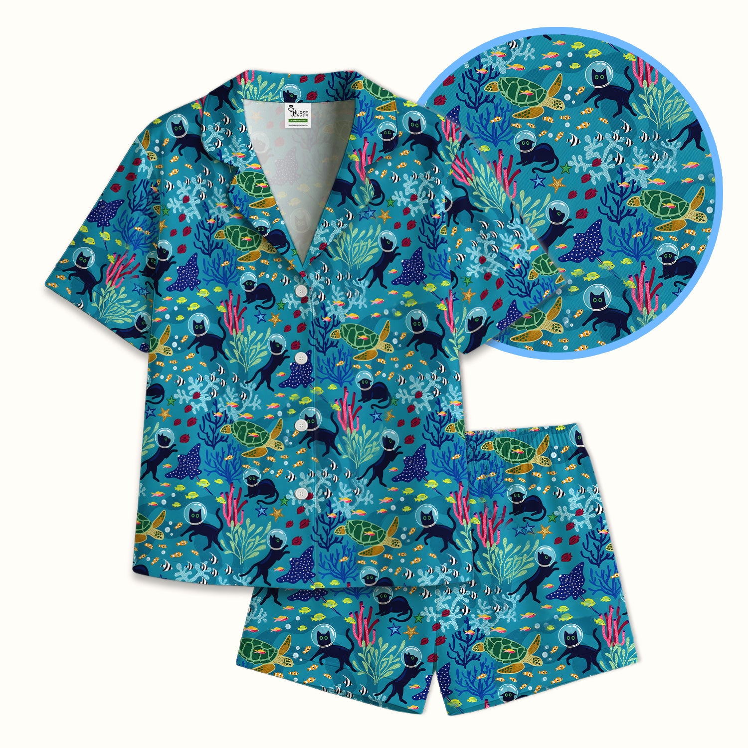 Underwater Cat Turtle Veterinary Pattern Pajama Set, Soft Breathable Fabric Comfortable Sleepwear