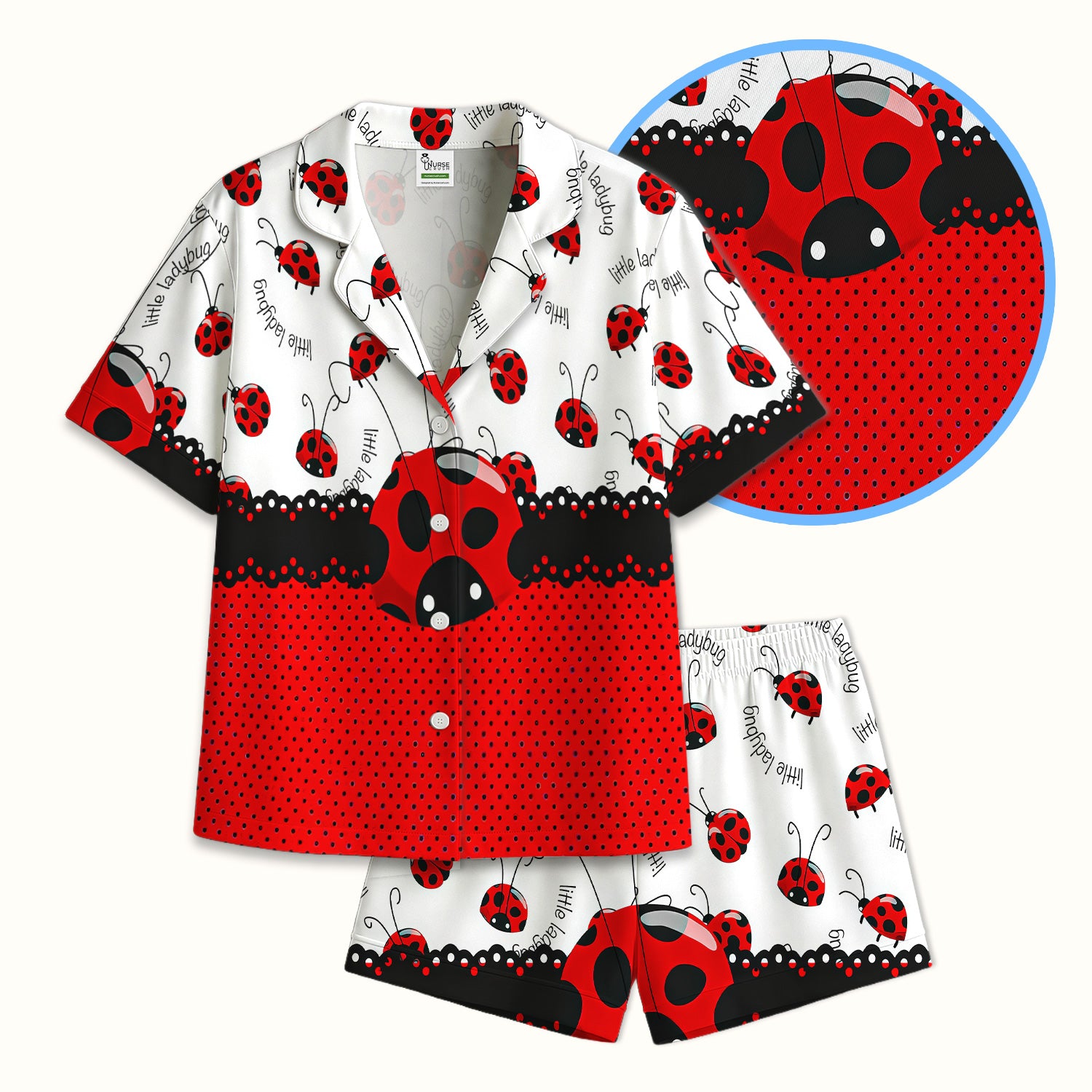 Cute Little Ladybug Polka Dot Pattern Pajama Set, Soft Breathable Fabric Comfortable Sleepwear