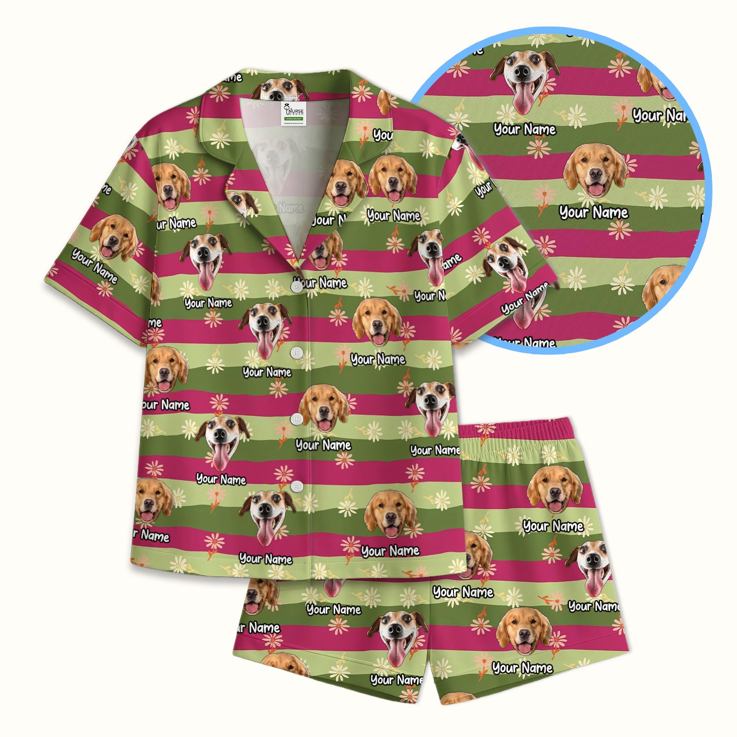 Personalized Floral Dog Portrait With Spring Stripes Pattern Pajama Set, Soft Breathable Fabric Comfortable Sleepwear