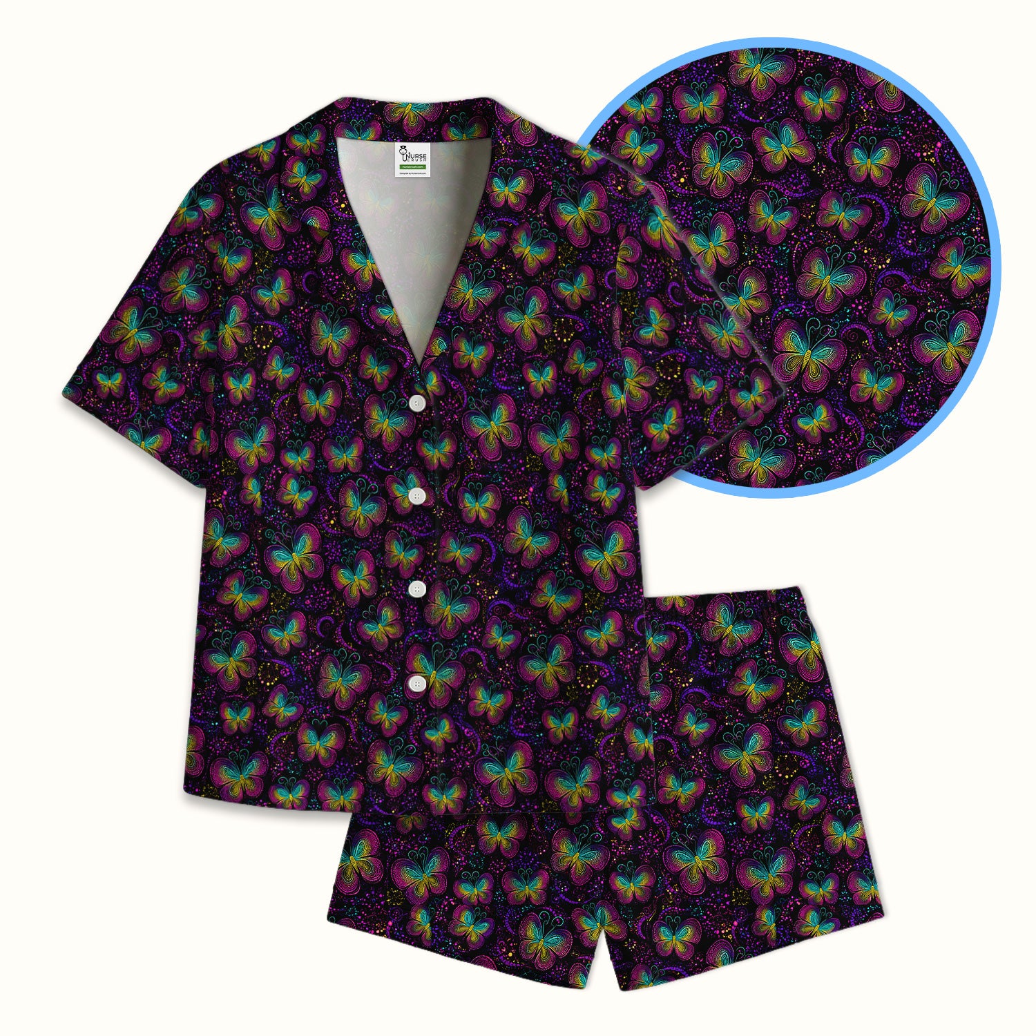 Cute Neon Butterfly Swirl Pattern Pajama Set, Soft Breathable Fabric Comfortable Sleepwear