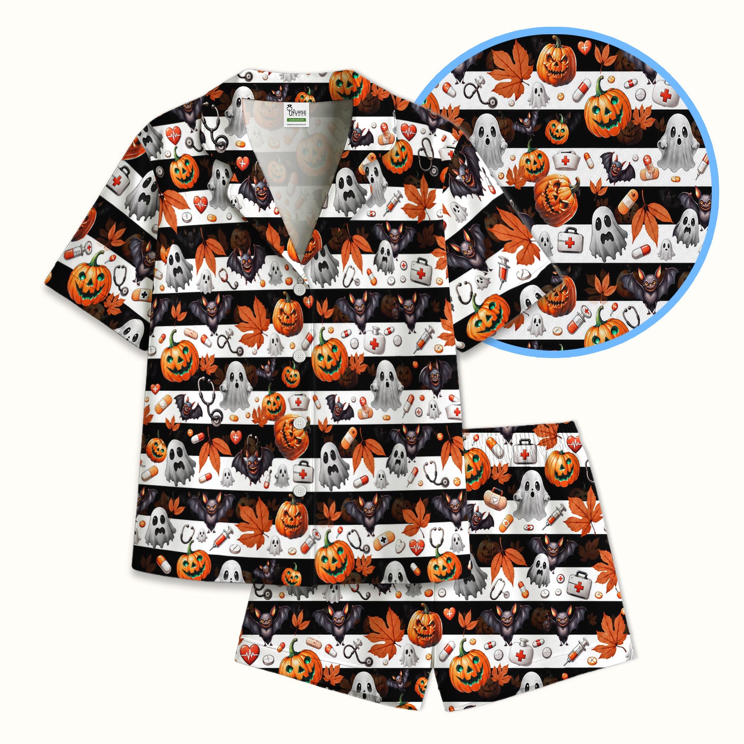 Halloween Ghost And Medical Icons Pajama Set, Soft Breathable Fabric Comfortable Sleepwear