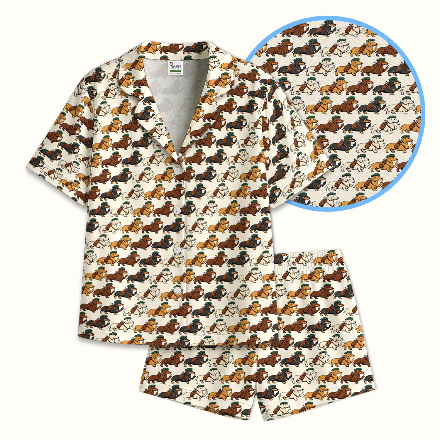 Cartoon Dachshund Dog Wearing Hat And Backpack Pattern Pajama Set, Soft Breathable Fabric Comfortable Sleepwear