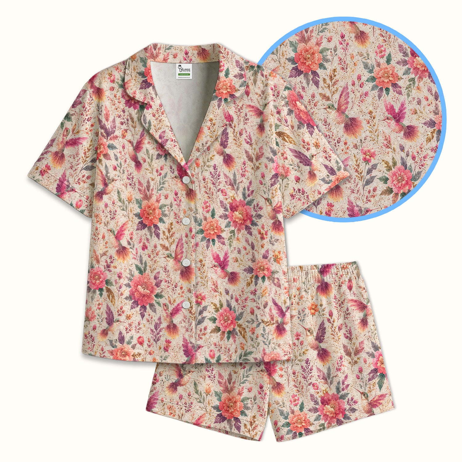Hummingbird Floral Garden Pattern Pajama Set, Soft Breathable Fabric Comfortable Sleepwear