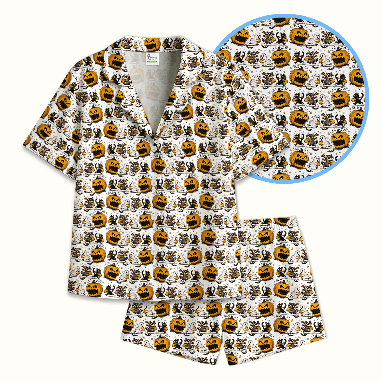 Spooky Halloween Woodland Critters Pattern Pajama Set, Soft Breathable Fabric Comfortable Sleepwear