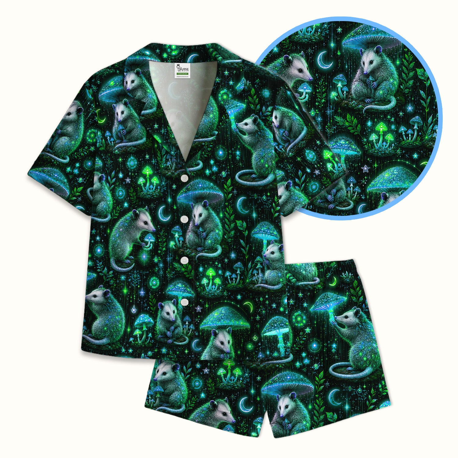 Moonlit Opossum Mushroom Pattern Pajama Set, Soft Breathable Fabric Comfortable Sleepwear