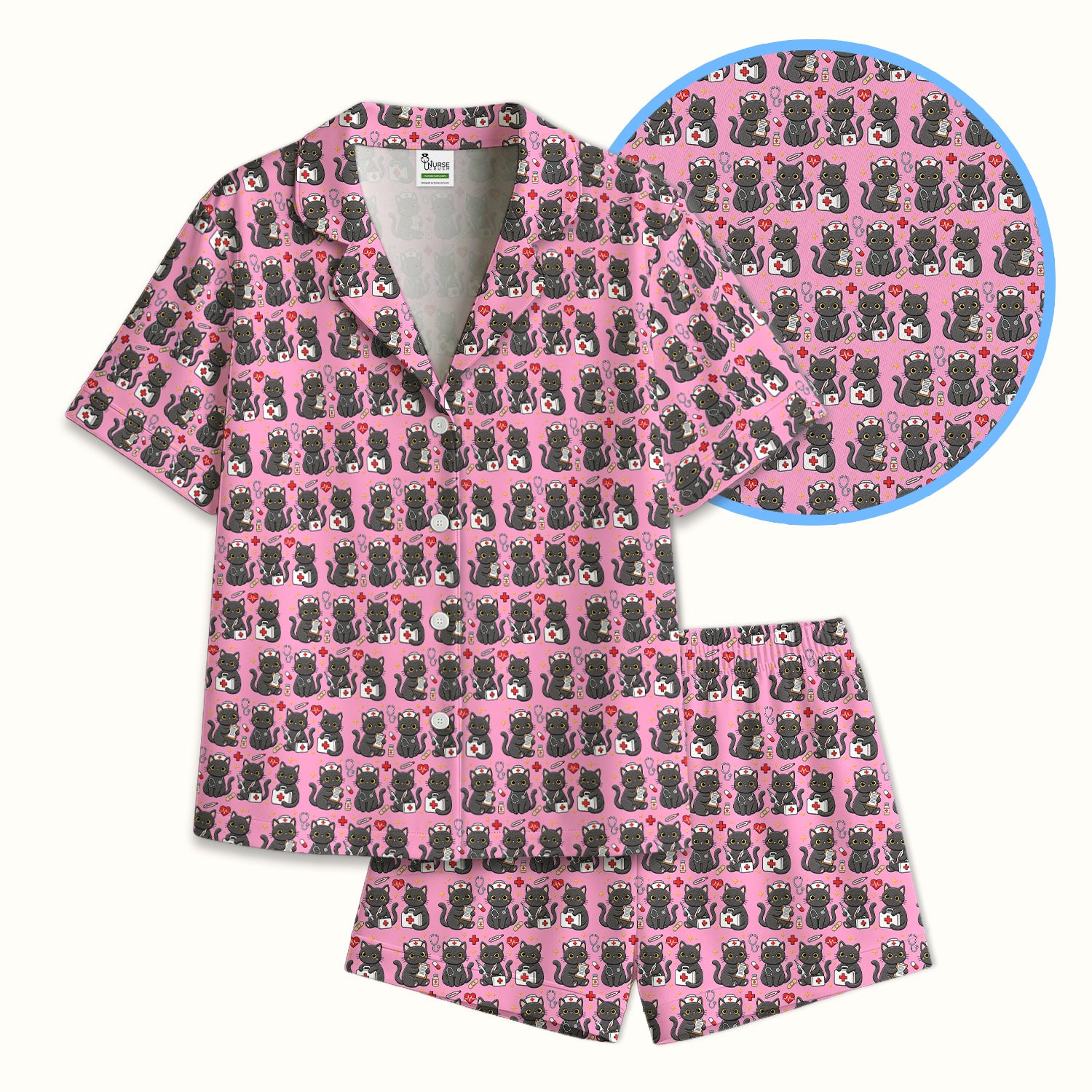 Black Cat Nurse Medical Icons Pajama Set, Soft Breathable Fabric Comfortable Sleepwear
