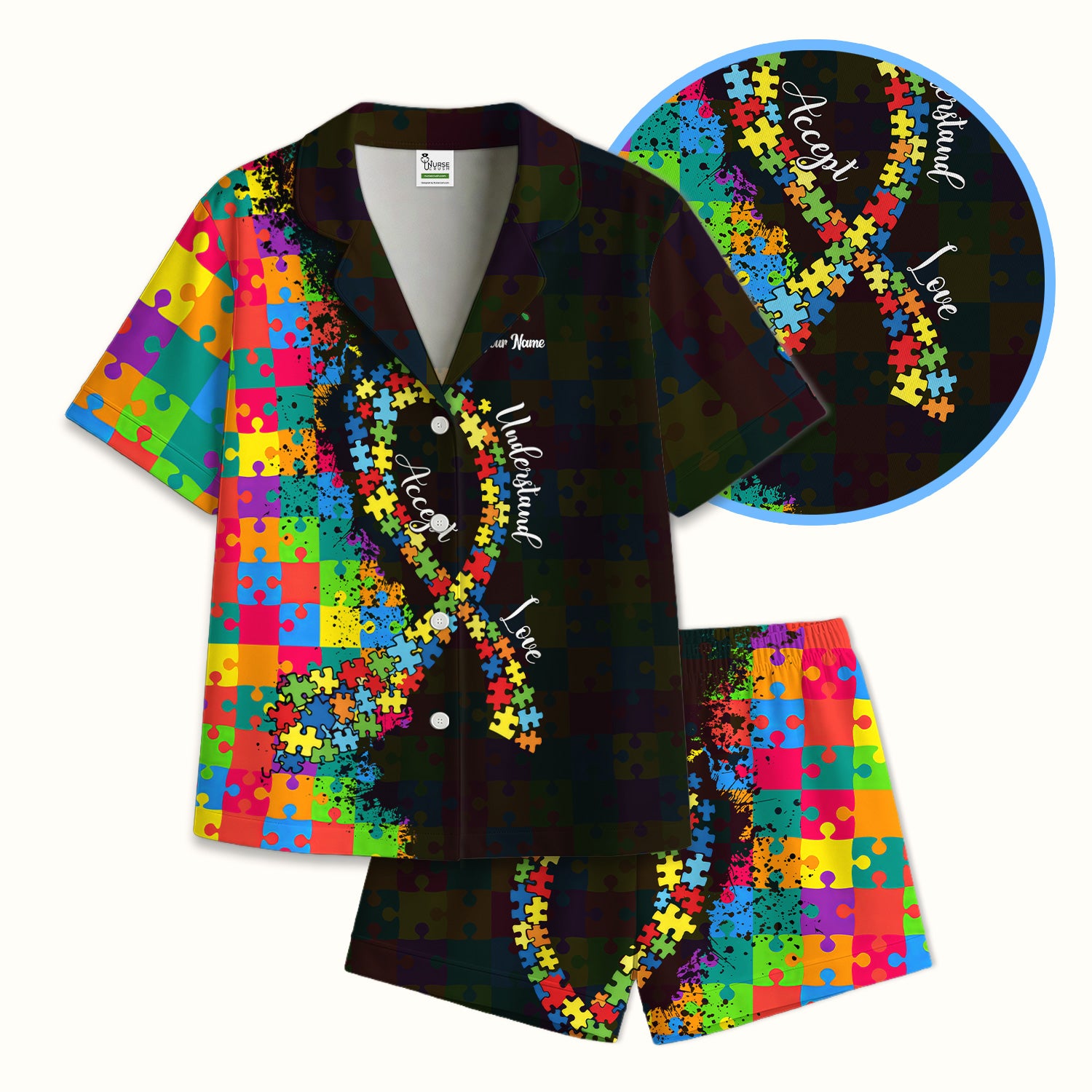 Personalized Autism Puzzle Ribbon Colorful Print Pajama Set, Breathable Fabrics Uniform