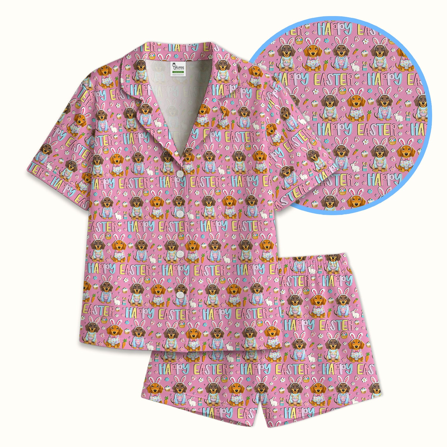 Happy Easter Dachshund Bunny Print Pajama Set, Breathable Fabrics Uniform