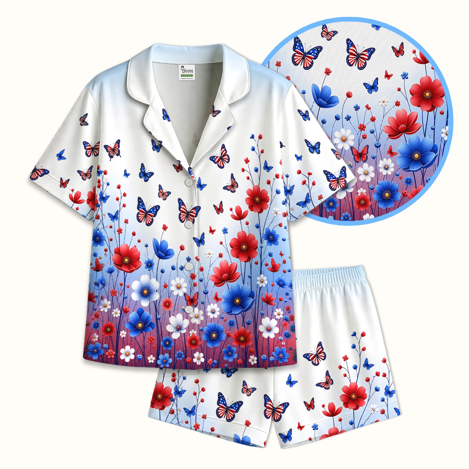 Patriotic Butterfly Wildflower Garden Pattern Pajama Set, Soft Breathable Fabric Comfortable Sleepwear