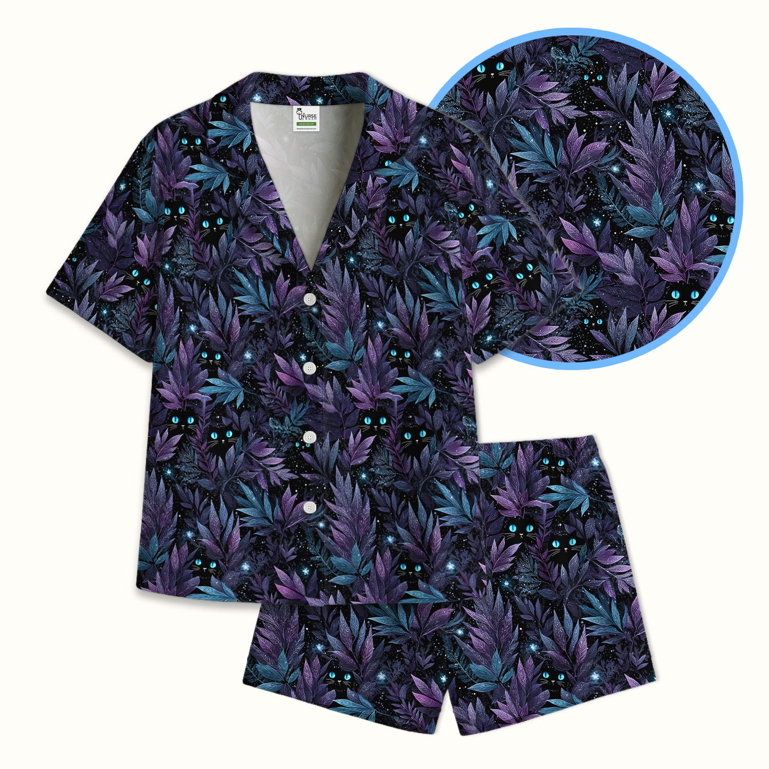 Mystic Black Cat Veterinary Pattern Pajama Set, Soft Breathable Fabric Comfortable Sleepwear