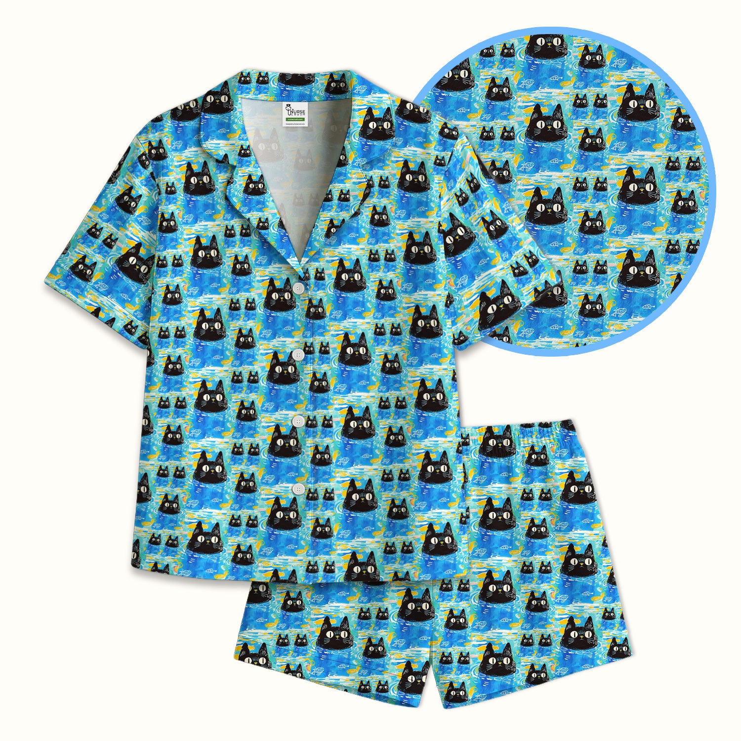 Black Cat Swimming In Blue Water Pattern Pajama Set, Soft Breathable Fabric Comfortable Sleepwear