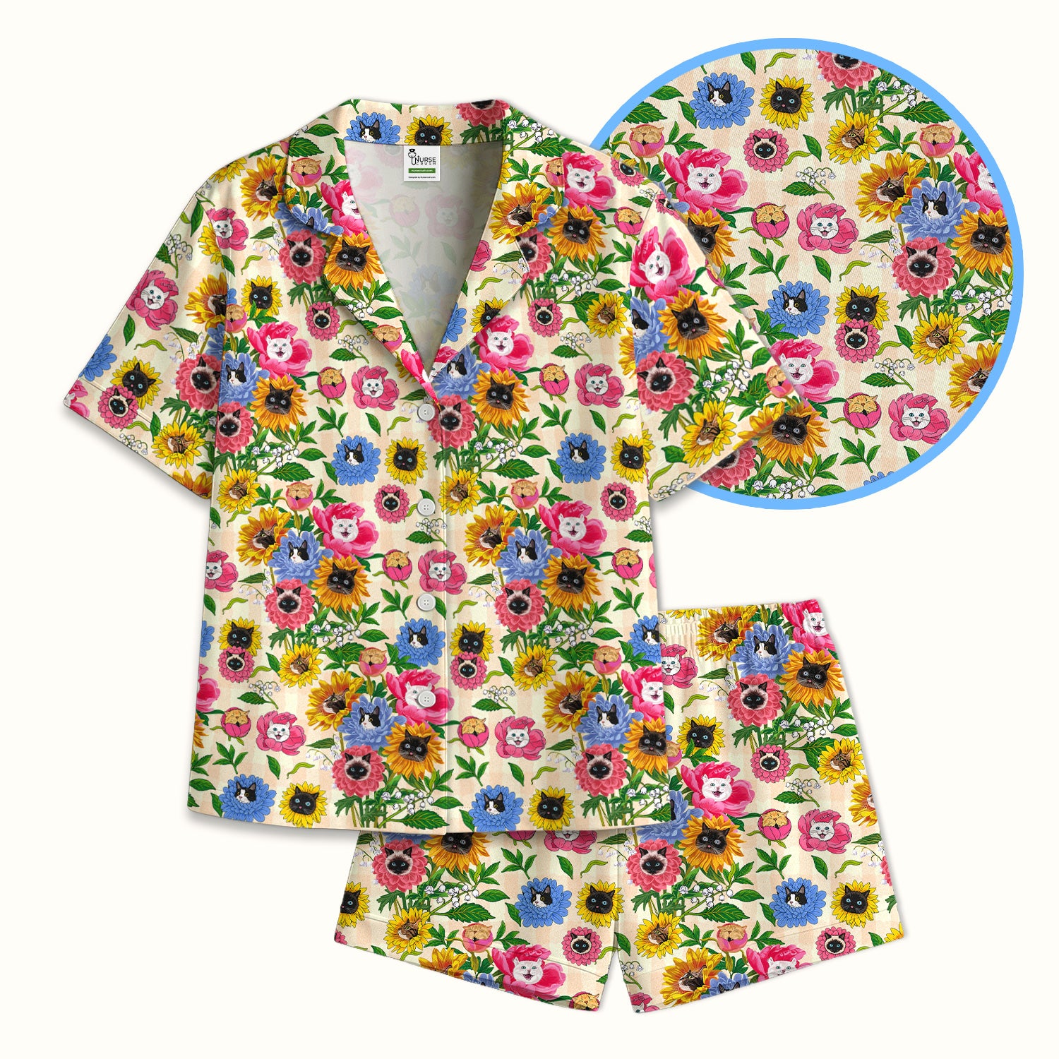 Cat Face Hidden In Colorful Flower Garden Pajama Set, Breathable Fabrics Uniform
