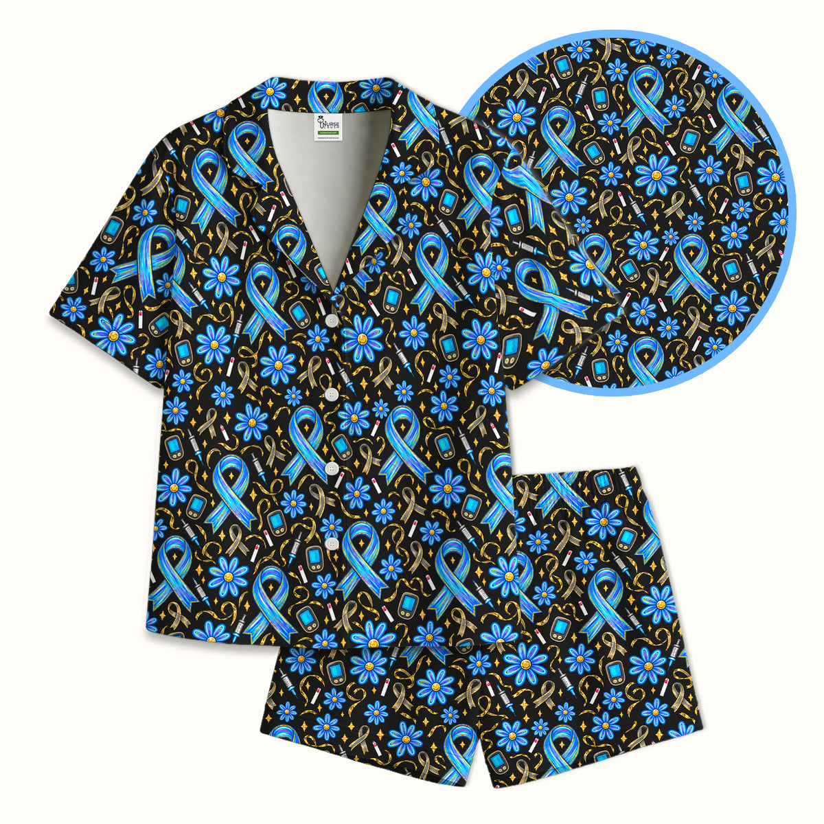 Diabetes Awareness Ribbon Pattern Pajama Set, Soft Breathable Fabric Comfortable Sleepwear