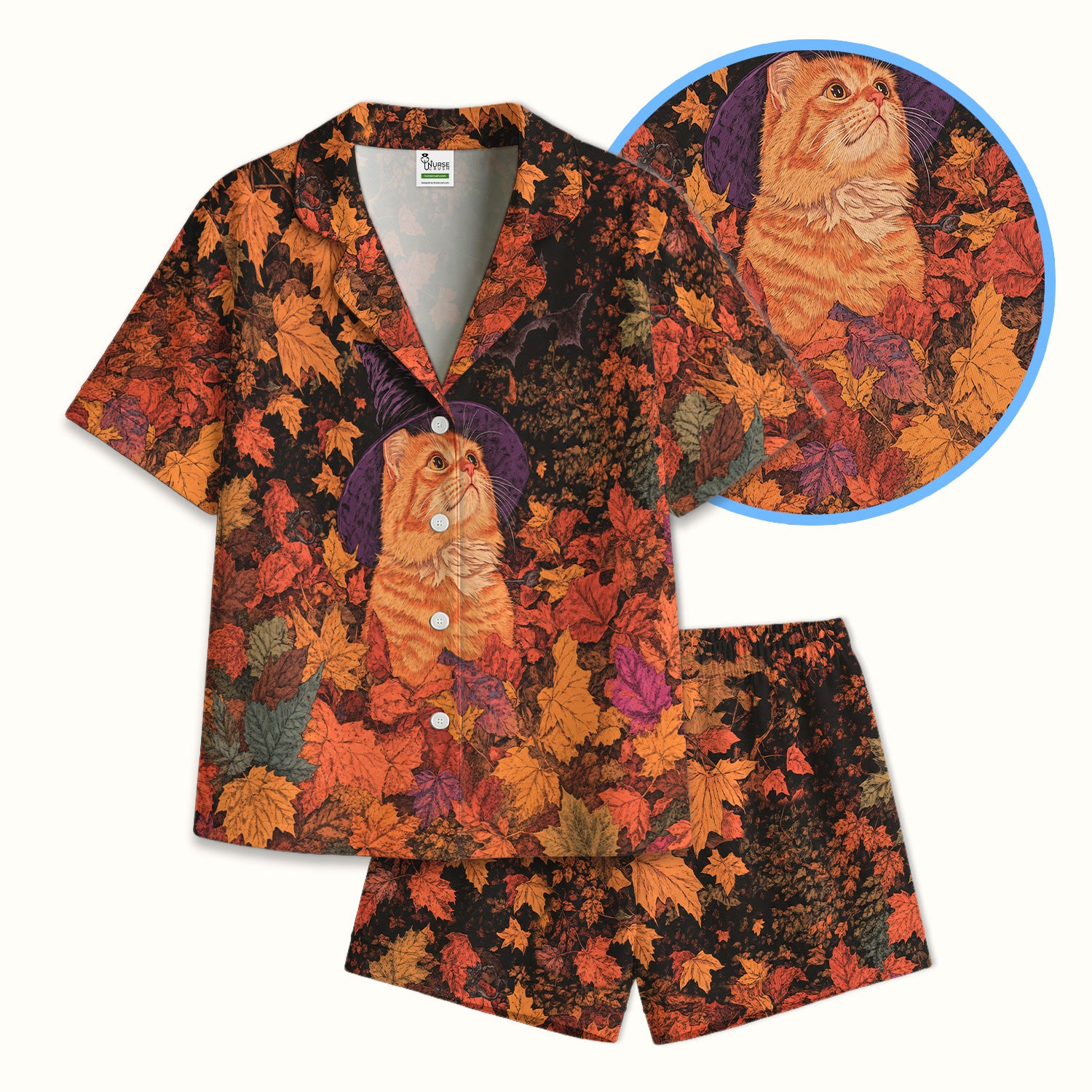 Autumn Cat with Fall Leaves Pajama Set, Soft Breathable Fabric Comfortable Sleepwear