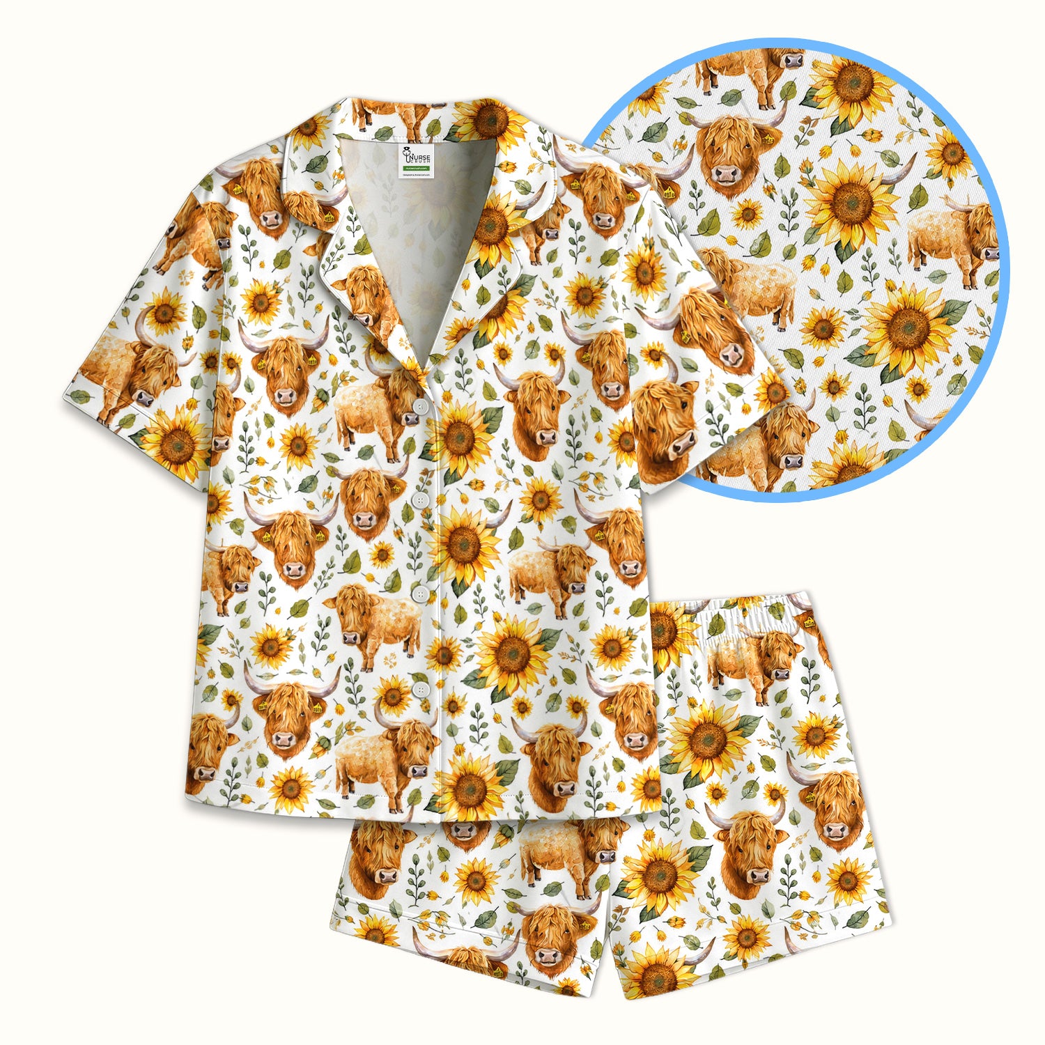 Highland Cow Sunflower Pattern Pajama Set, Soft Breathable Fabric Comfortable Sleepwear