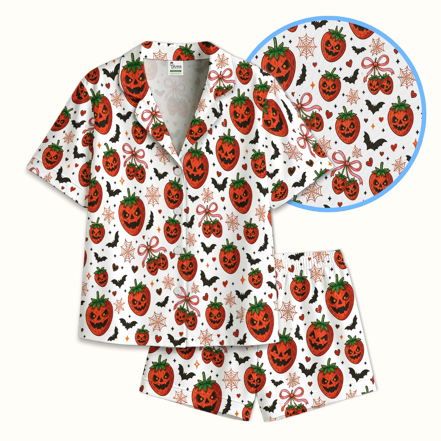 Sweet Halloween Strawberry Jack O Lanterns Pajama Set, Soft Breathable Fabric Comfortable Sleepwear