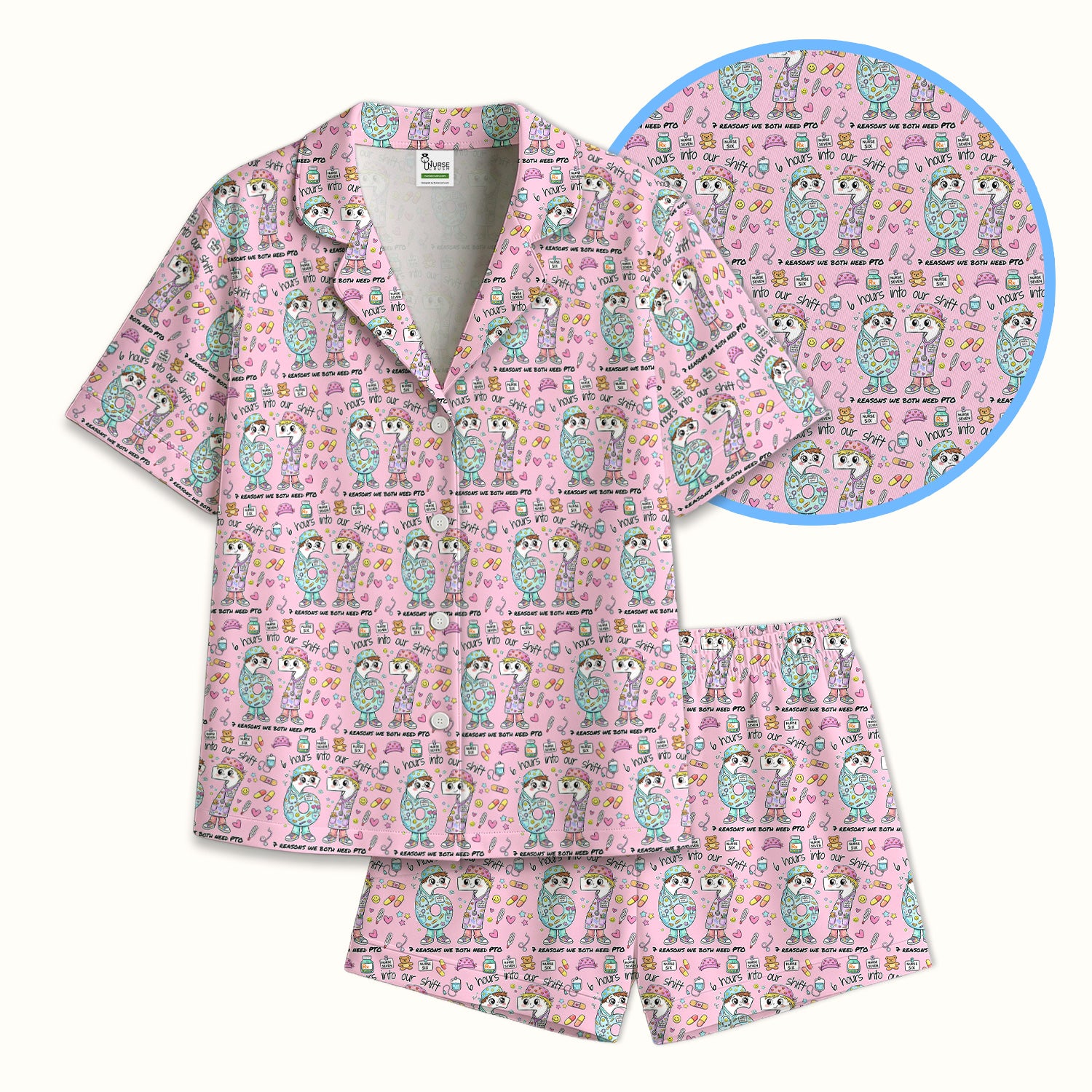 Cartoon Characters Six Hours Into Shift With Medical Doodle Pajama Set, Breathable Fabrics Uniform