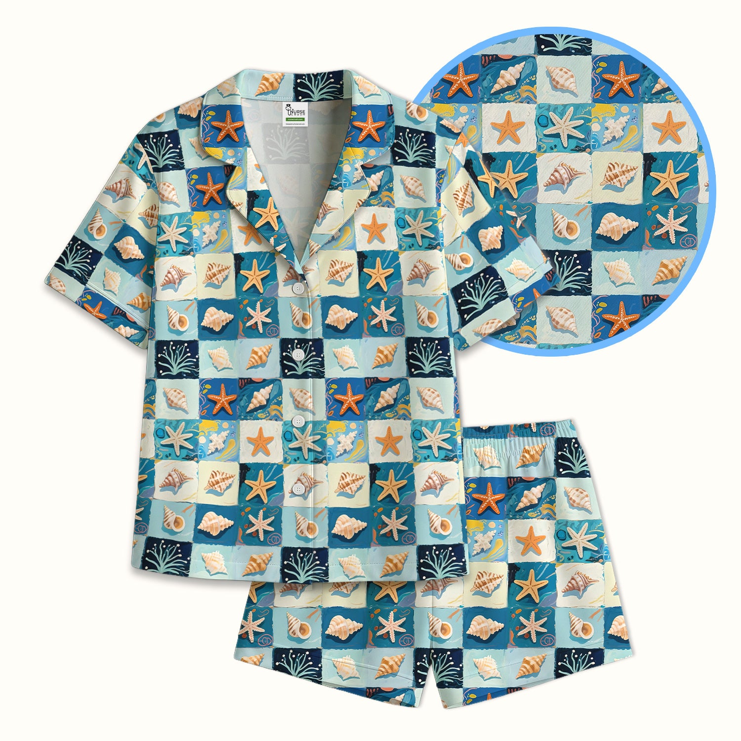 Cute Seashell Starfish Ocean Tile Pattern Pajama Set, Soft Breathable Fabric Comfortable Sleepwear