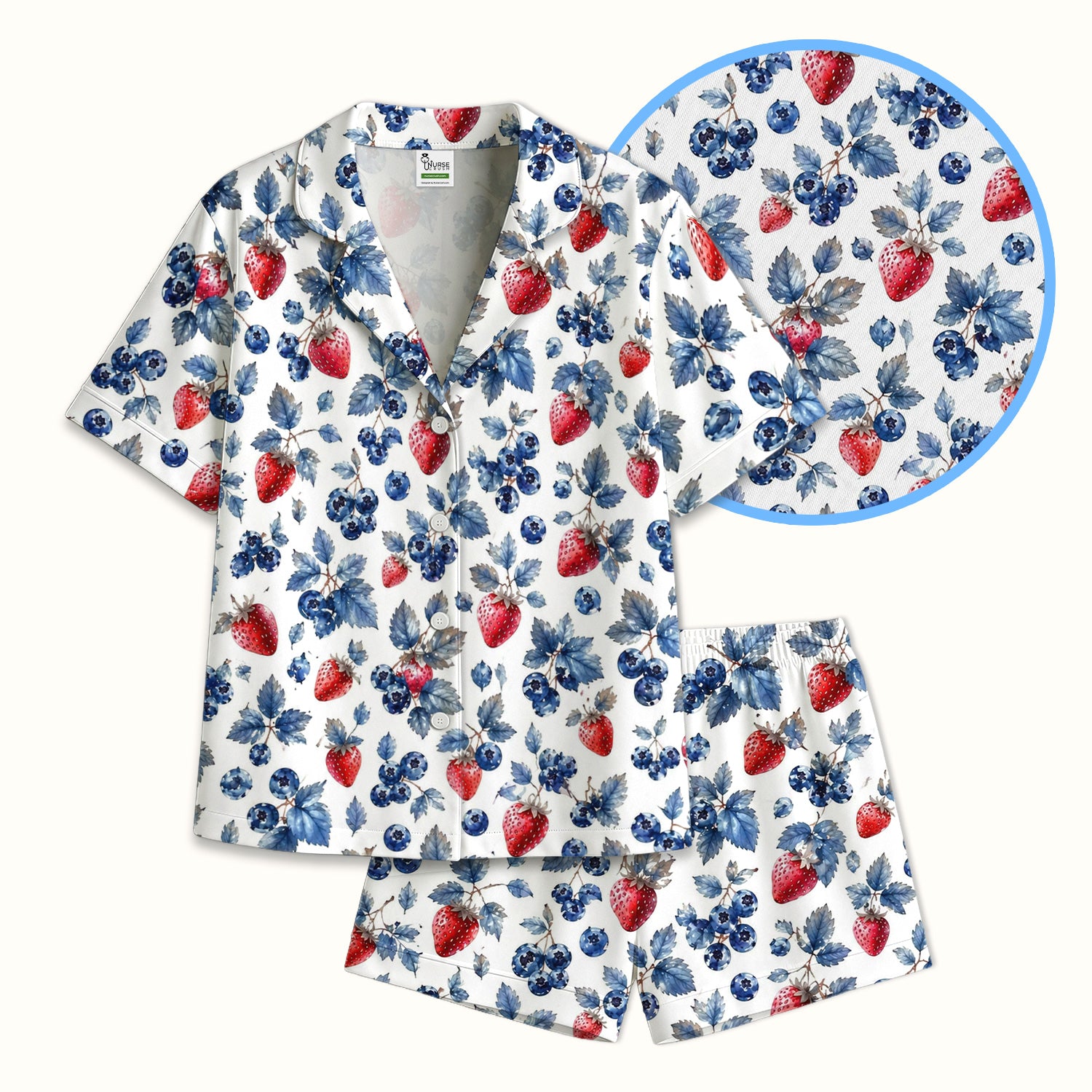 Cute Strawberry & Blueberry Leaf Pattern Pajama Set, Soft Breathable Fabric Comfortable Sleepwear