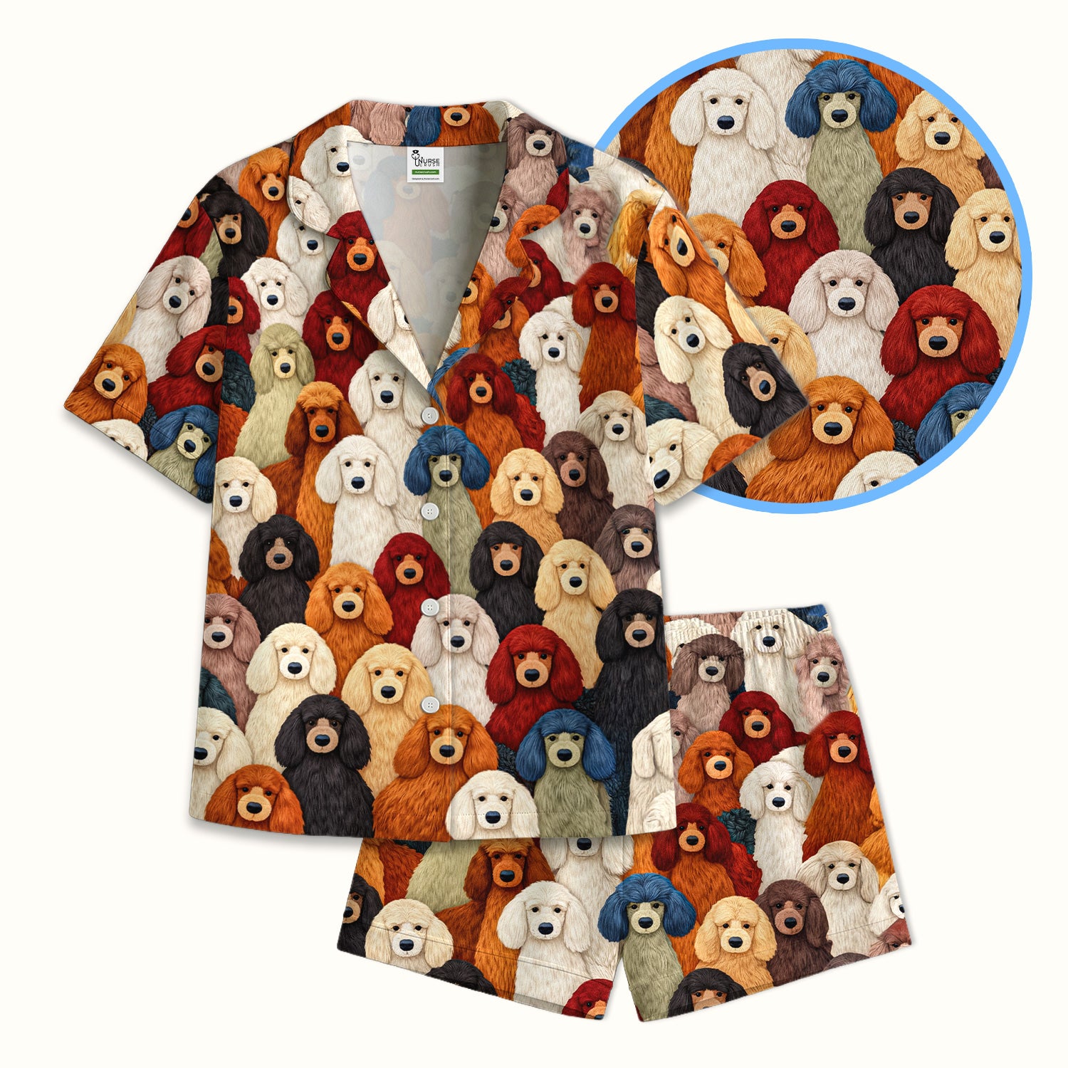Multicolor Poodle Dog Pattern Pajama Set, Breathable Fabrics Uniform