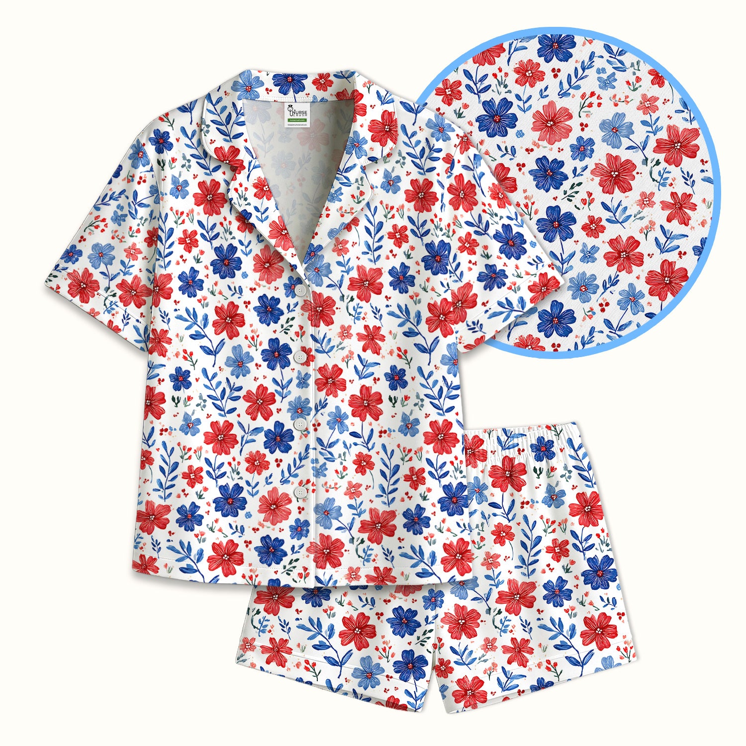 Patriotic Red White Blue Floral Print Pajama Set, Soft Breathable Fabric Comfortable Sleepwear