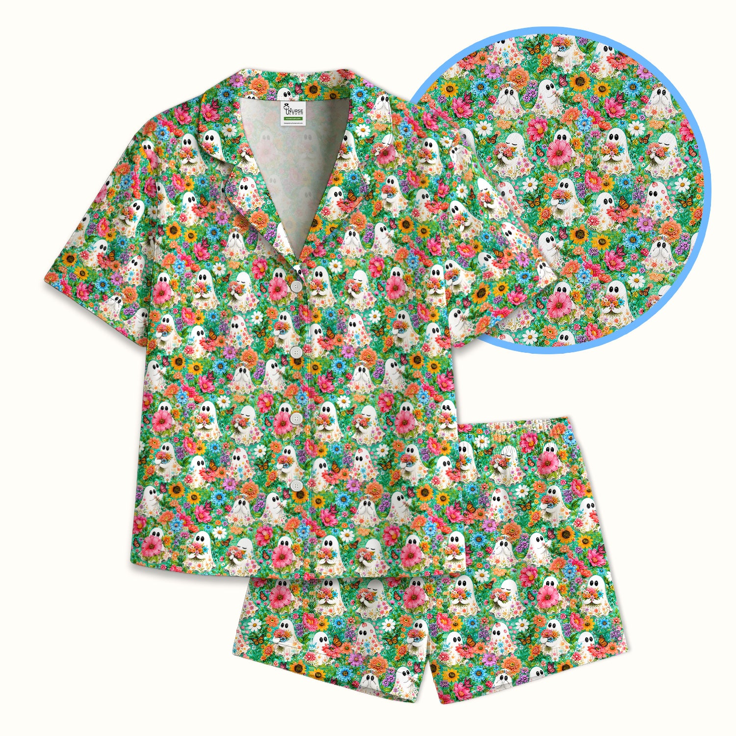 Cute Halloween Floral Ghosts Pajama Set, Soft Breathable Fabric Comfortable Sleepwear